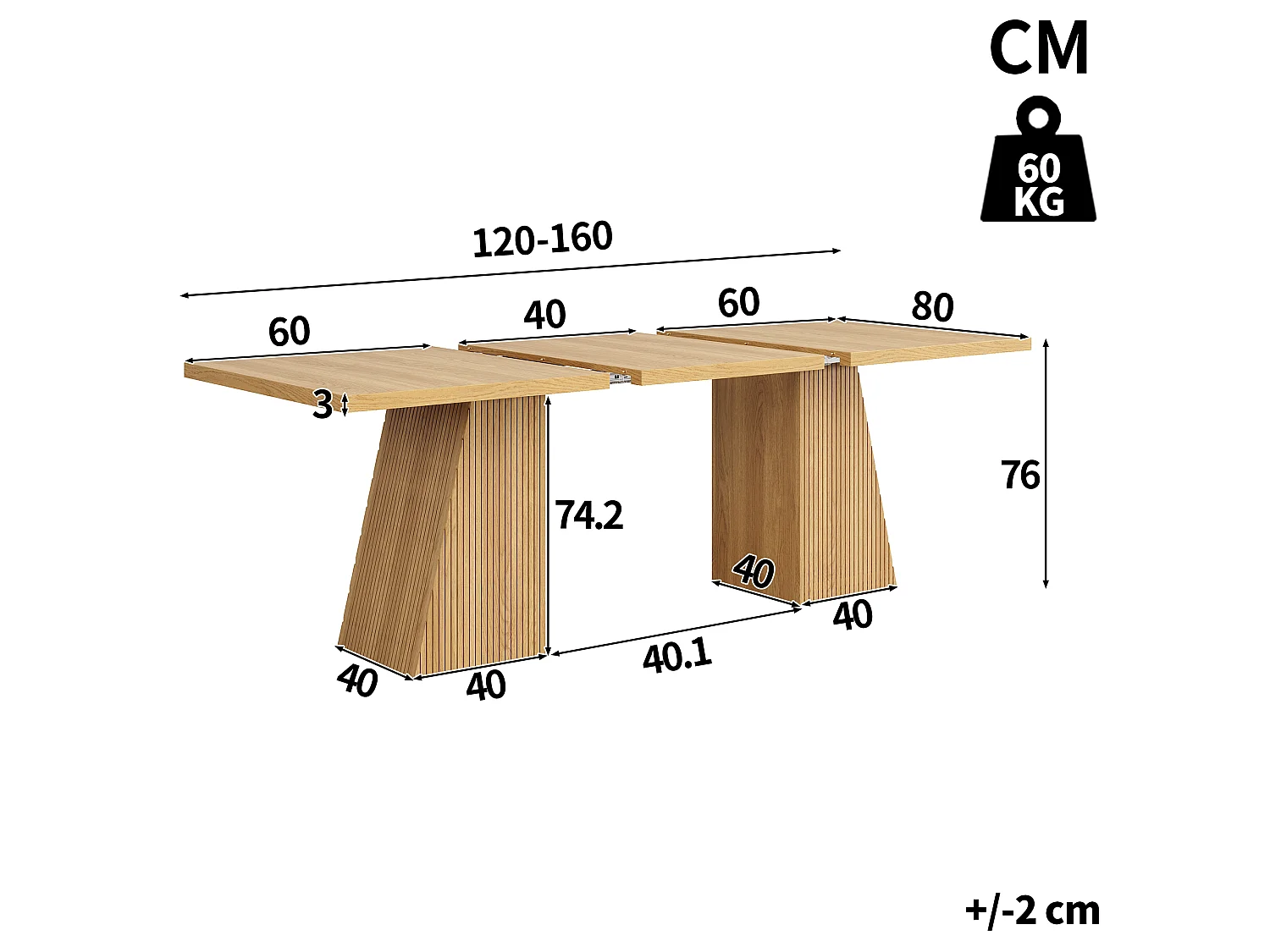 Table à manger extensible 120/160 x 80 x 76 cm avec pieds trapézoïdaux rainurés - MDF et métal - Chêne clair
