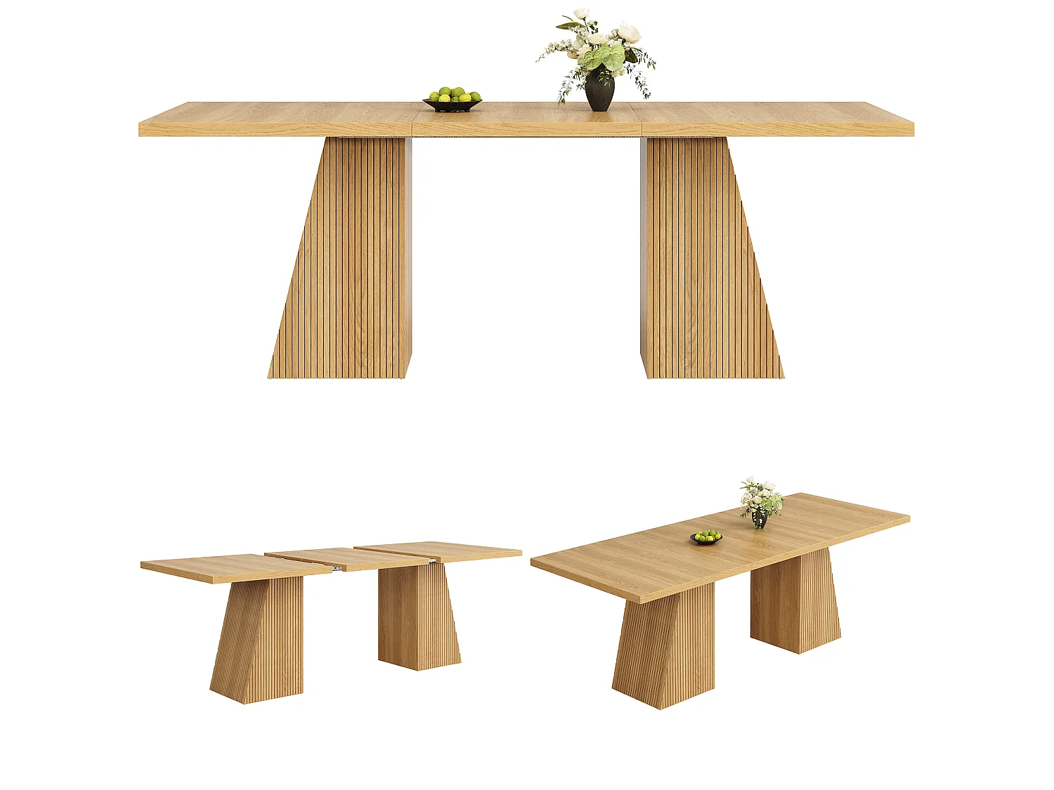 Table à manger extensible 120/160 x 80 x 76 cm avec pieds trapézoïdaux rainurés - MDF et métal - Chêne clair