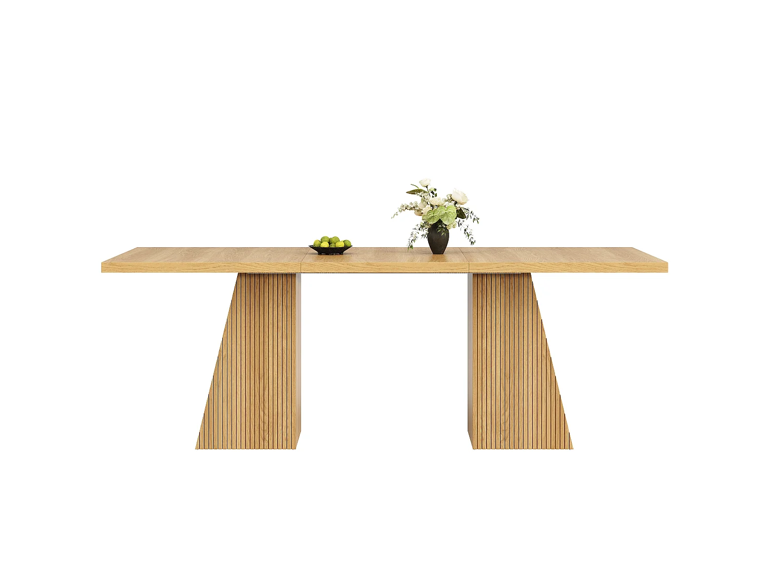 Table à manger extensible 120/160 x 80 x 76 cm avec pieds trapézoïdaux rainurés - MDF et métal - Chêne clair