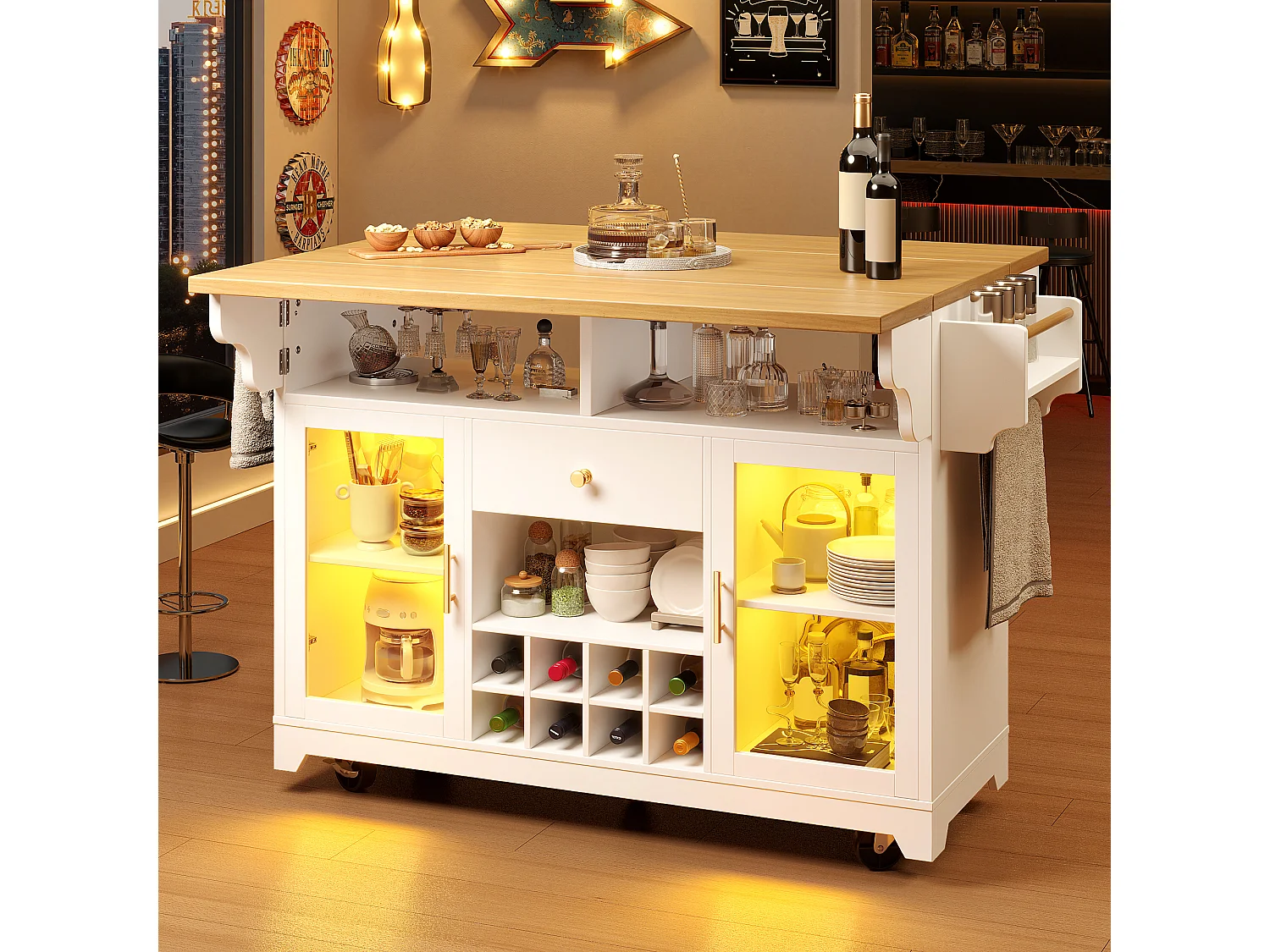 Wyspa kuchenna z oświetleniem LED, składanymi półkami, 2 drzwiami, 1 szufladą i półką na butelki - MDF, metal - 120 x 40/80 x 95 cm - biała