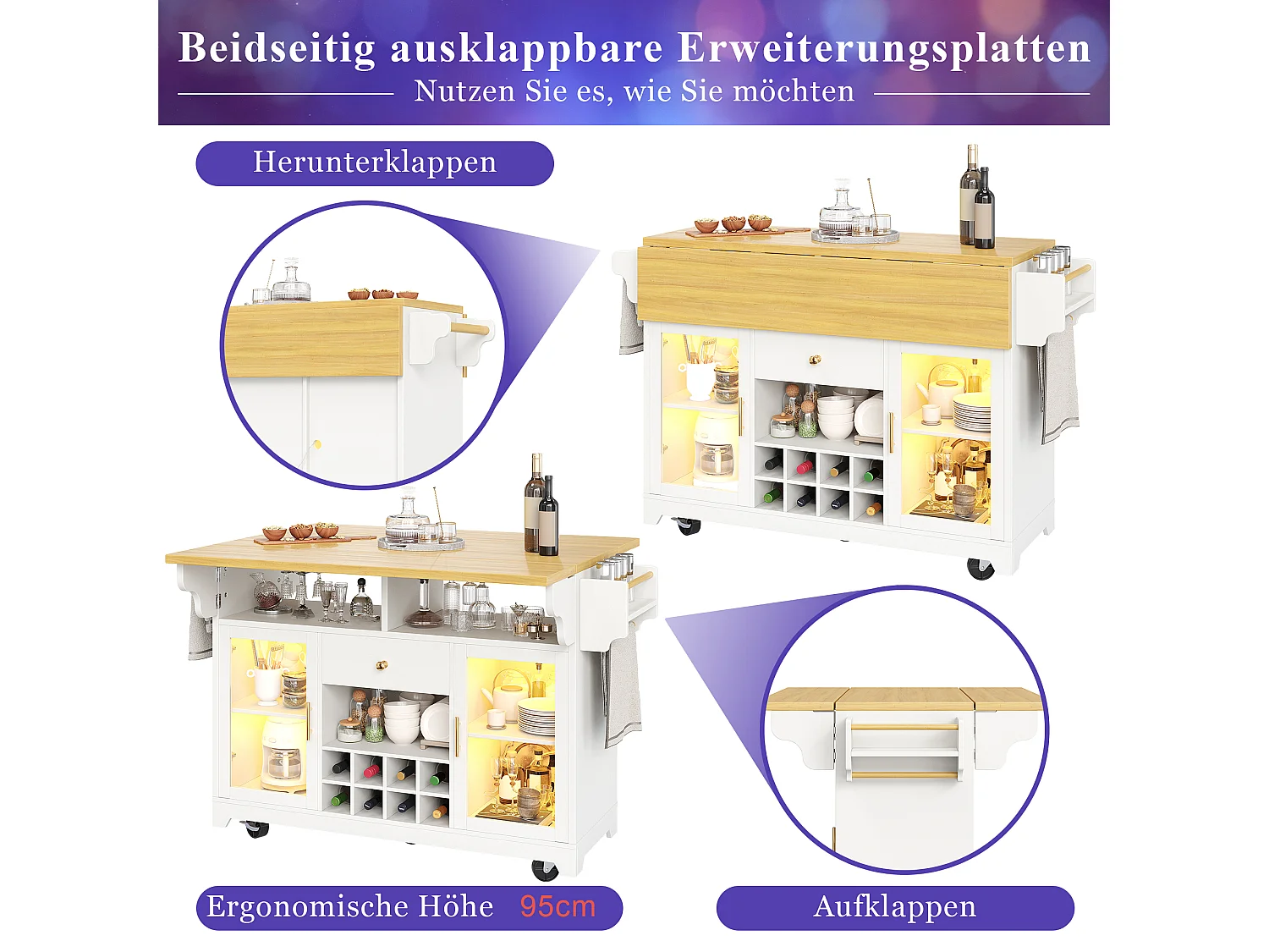Wyspa kuchenna z oświetleniem LED, składanymi półkami, 2 drzwiami, 1 szufladą i półką na butelki - MDF, metal - 120 x 40/80 x 95 cm - biała