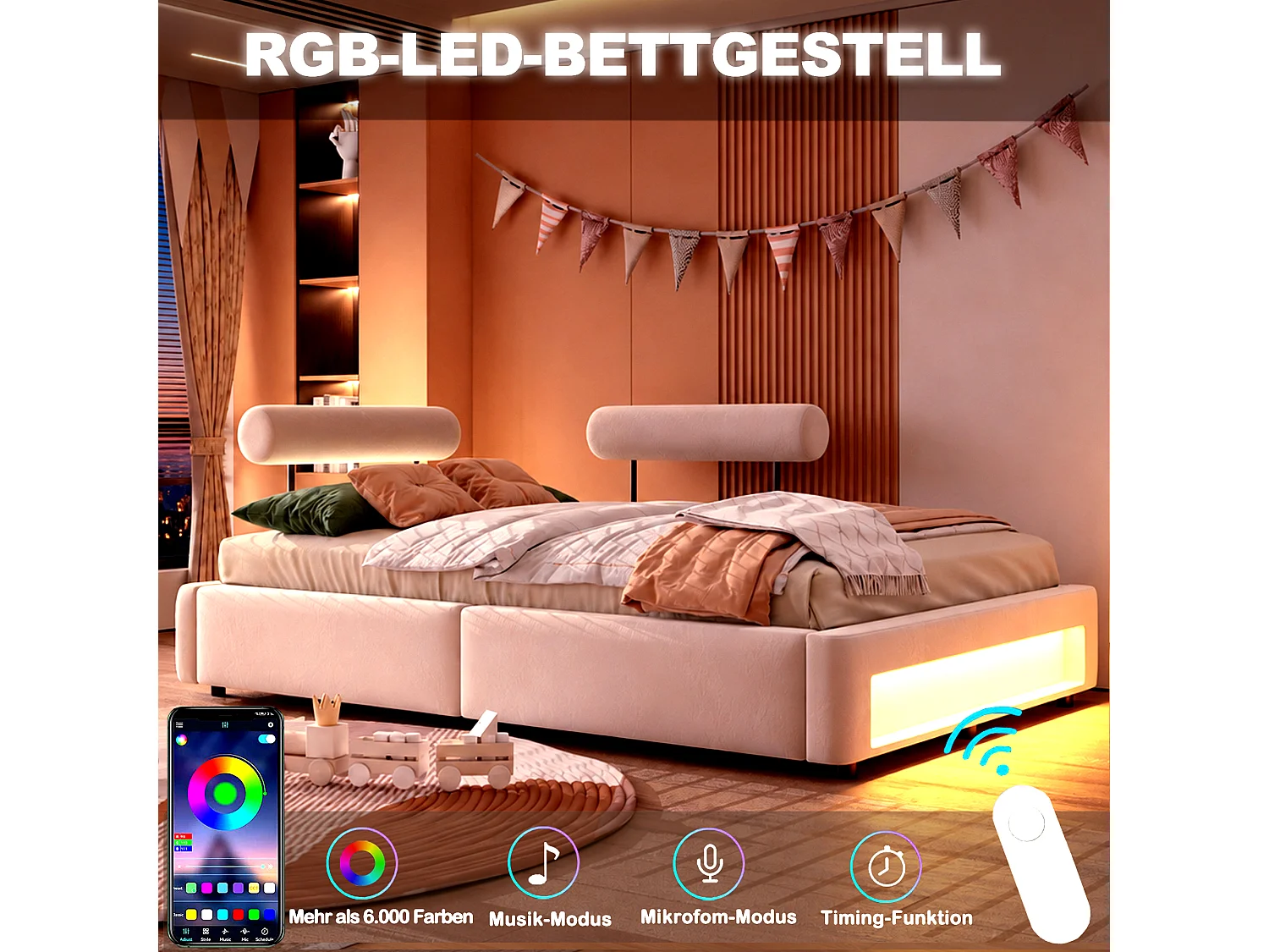 Łóżko tapicerowane 140 x 200 cm z regulowanymi oparciami i oświetleniem LED - Aksamit - Beż (materac nie jest wliczony w cenę)
