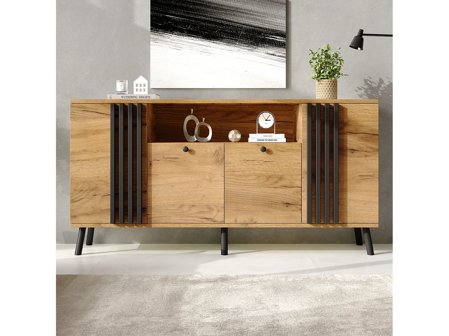Buffet avec 4 portes et pieds en bois massif - MDF et bois massif - 140 x 35 x 71 cm - Aspect bois et noir