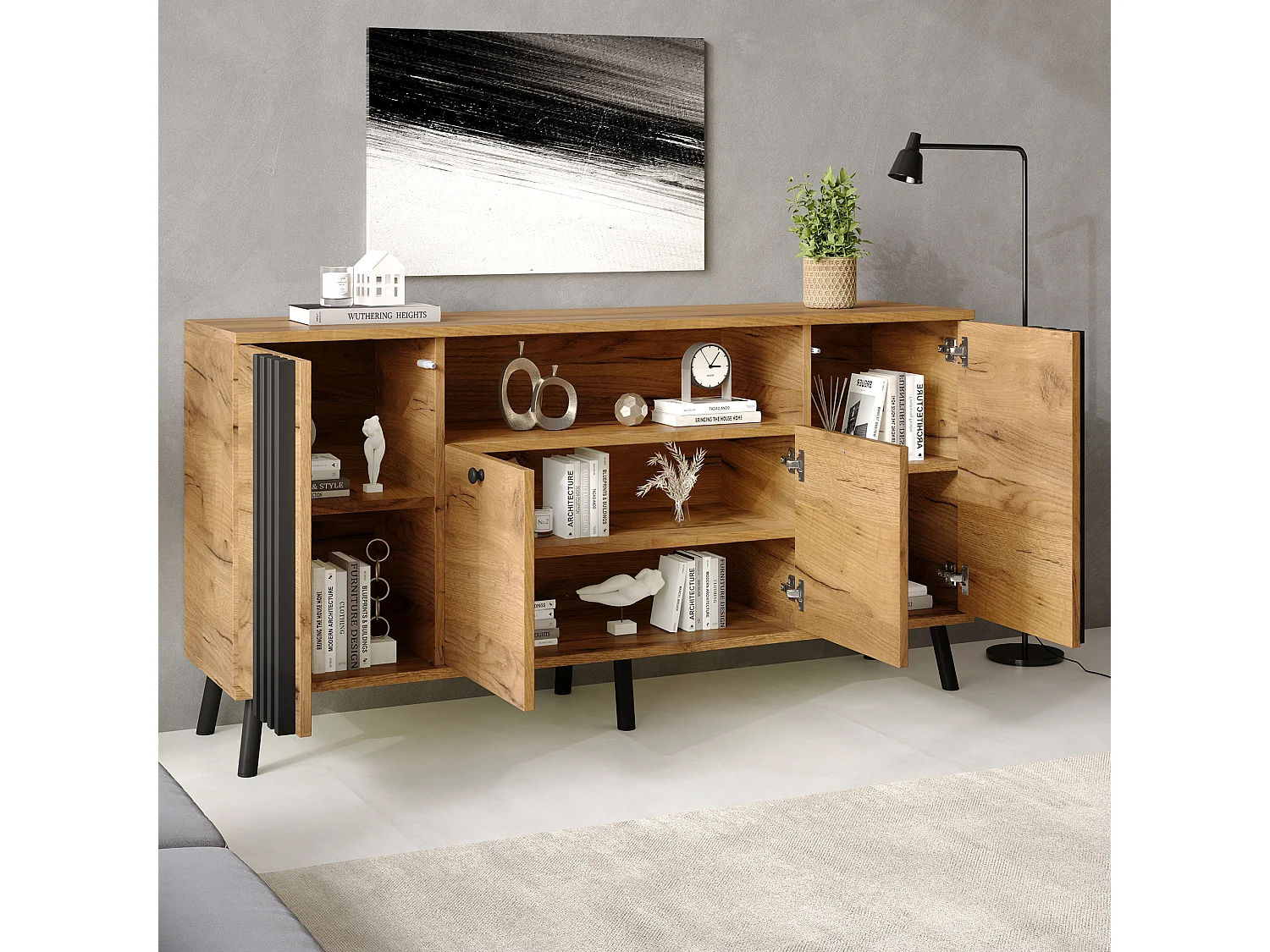 Buffet avec 4 portes et pieds en bois massif - MDF et bois massif - 140 x 35 x 71 cm - Aspect bois et noir