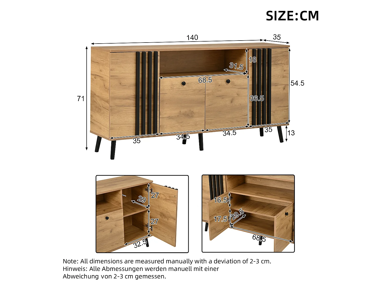 Buffet avec 4 portes et pieds en bois massif - MDF et bois massif - 140 x 35 x 71 cm - Aspect bois et noir