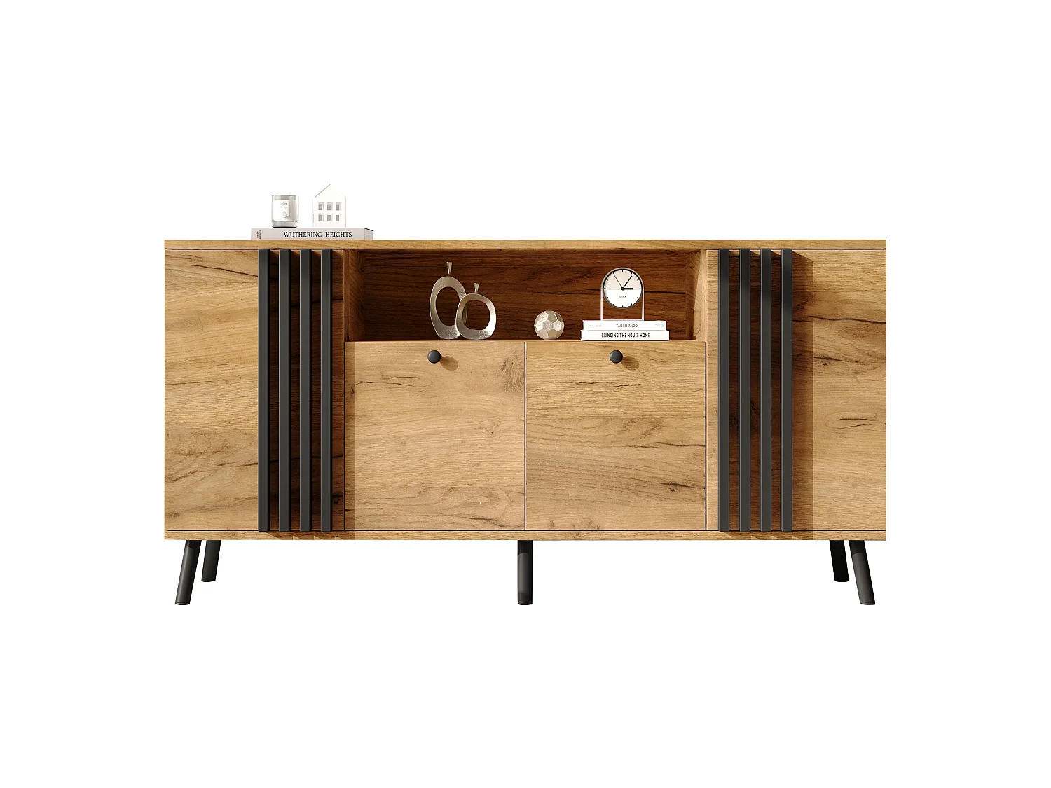 Buffet avec 4 portes et pieds en bois massif - MDF et bois massif - 140 x 35 x 71 cm - Aspect bois et noir