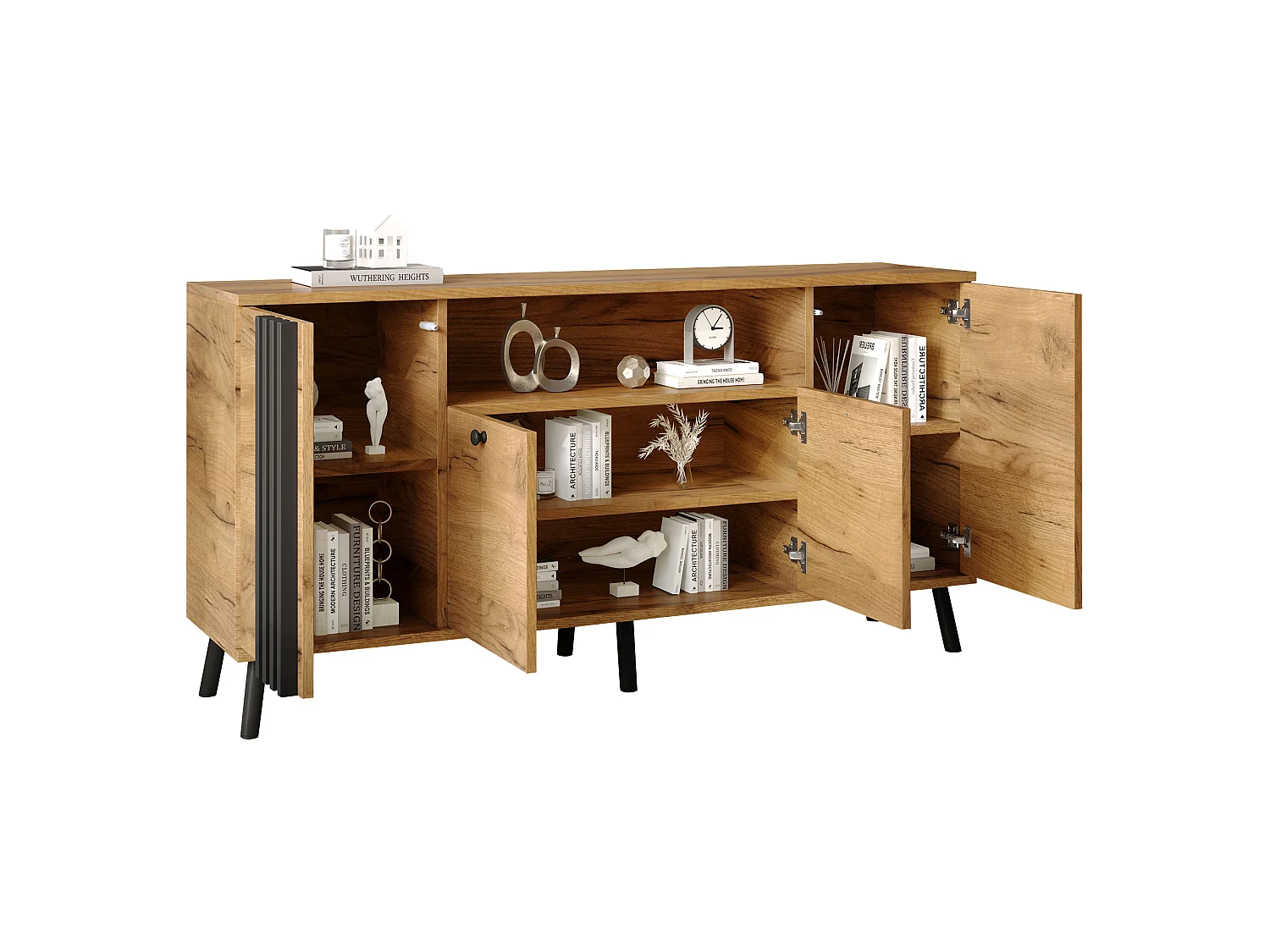 Buffet avec 4 portes et pieds en bois massif - MDF et bois massif - 140 x 35 x 71 cm - Aspect bois et noir