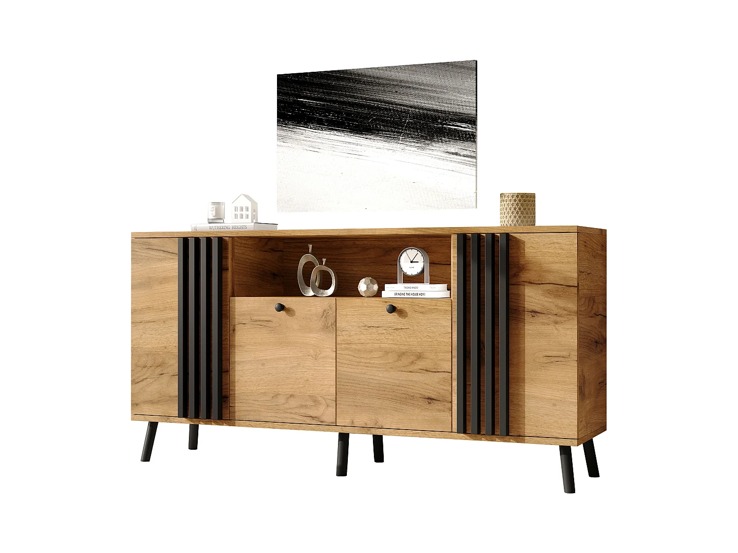 Buffet avec 4 portes et pieds en bois massif - MDF et bois massif - 140 x 35 x 71 cm - Aspect bois et noir