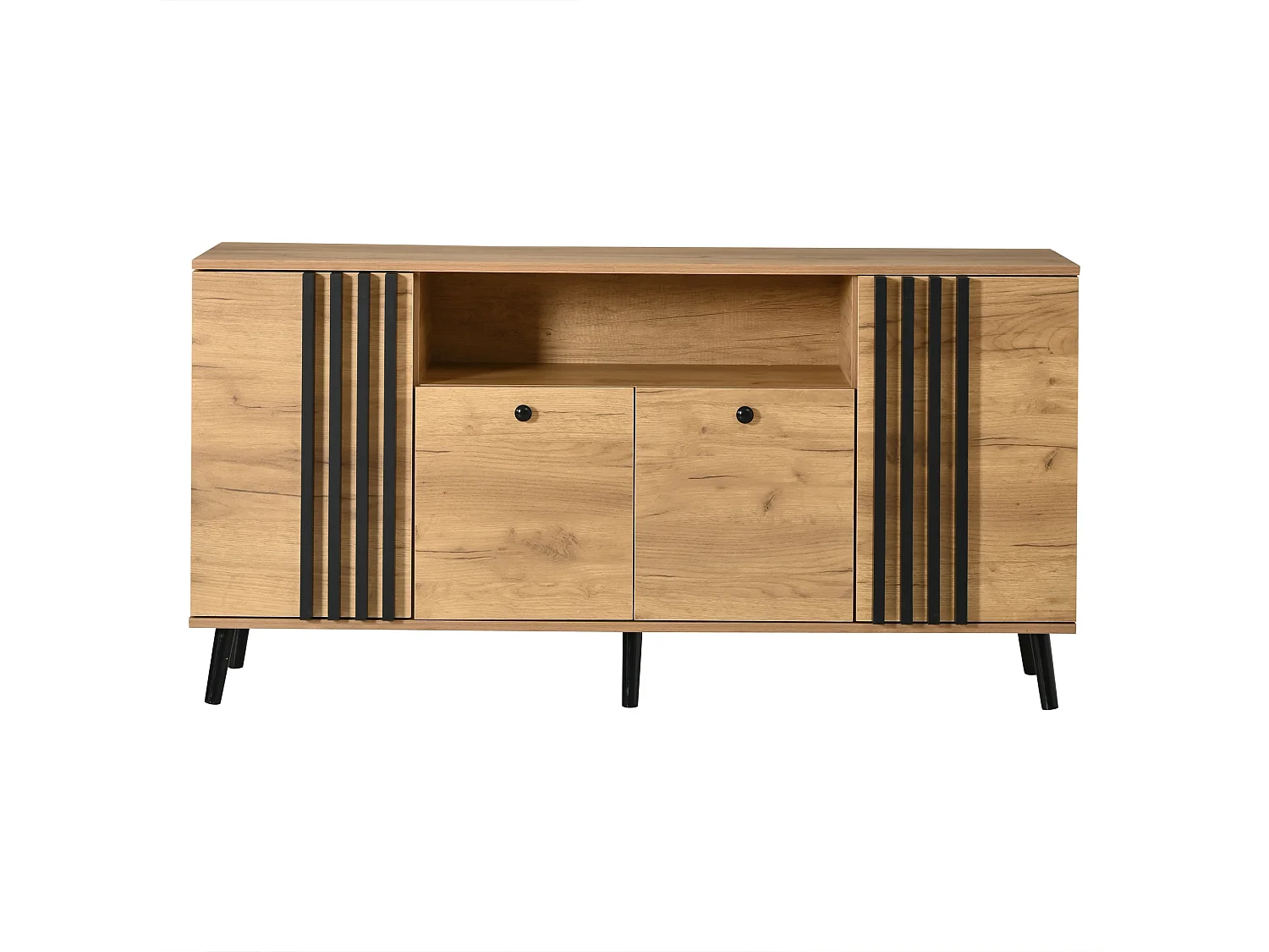Buffet avec 4 portes et pieds en bois massif - MDF et bois massif - 140 x 35 x 71 cm - Aspect bois et noir
