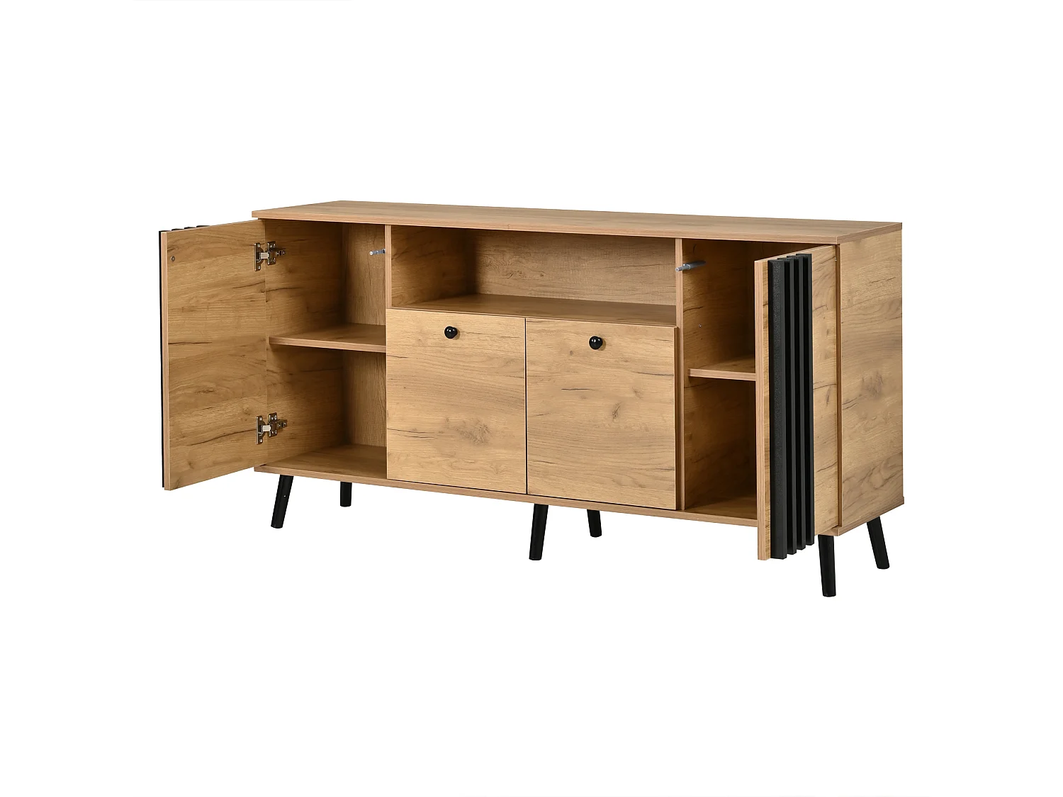 Buffet avec 4 portes et pieds en bois massif - MDF et bois massif - 140 x 35 x 71 cm - Aspect bois et noir