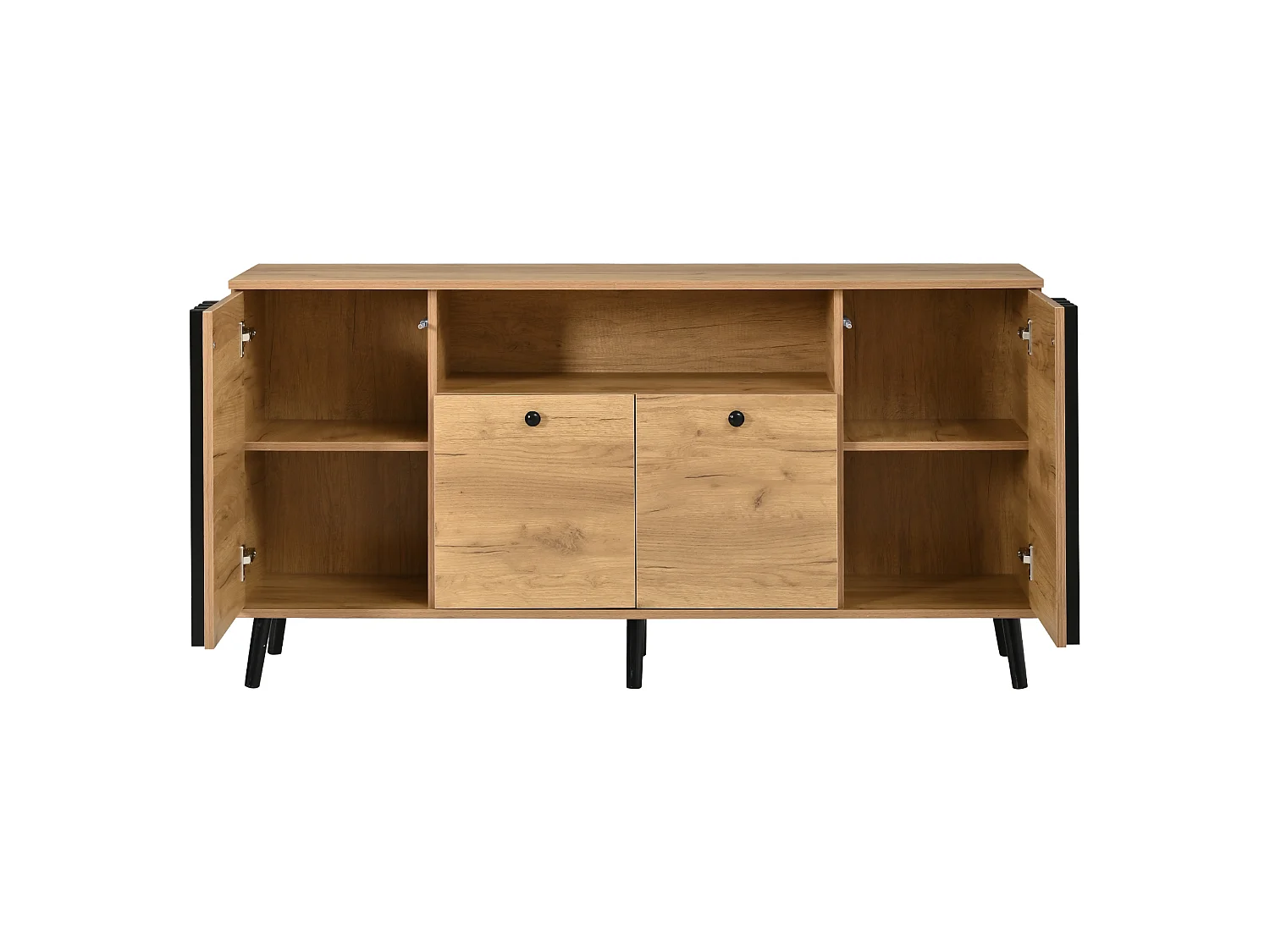 Buffet avec 4 portes et pieds en bois massif - MDF et bois massif - 140 x 35 x 71 cm - Aspect bois et noir