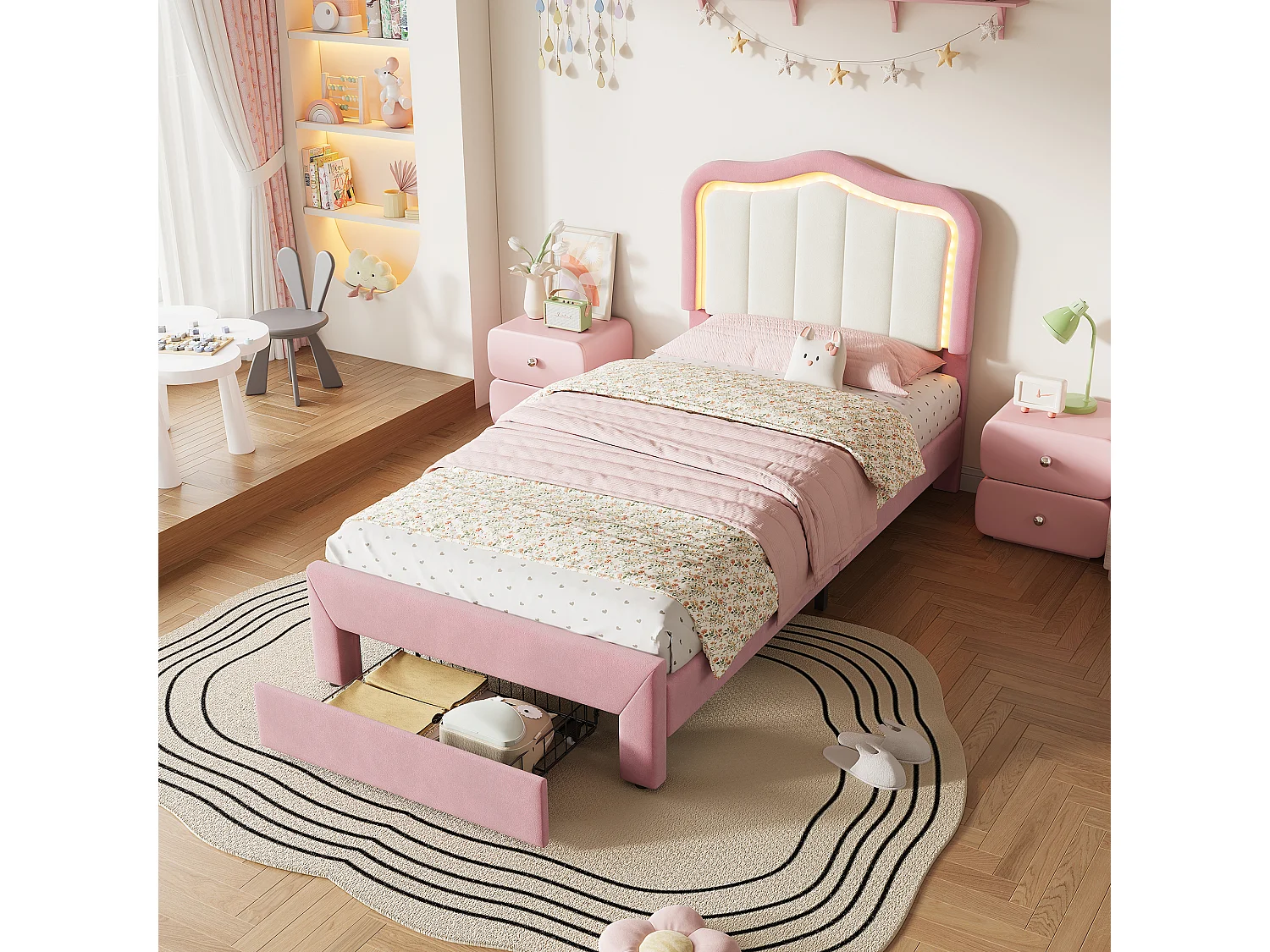 Letto per bambini 90 x 200 cm con 1 cassetto, testiera bianca e illuminazione a LED - Velluto - Rosa (materasso non incluso)