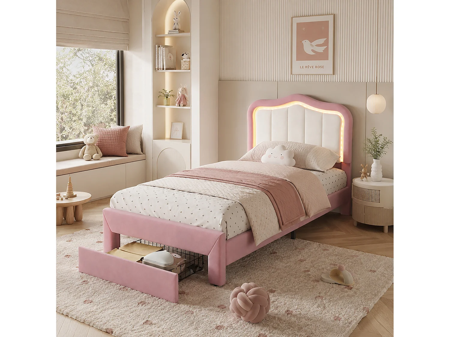 Letto per bambini 90 x 200 cm con 1 cassetto, testiera bianca e illuminazione a LED - Velluto - Rosa (materasso non incluso)