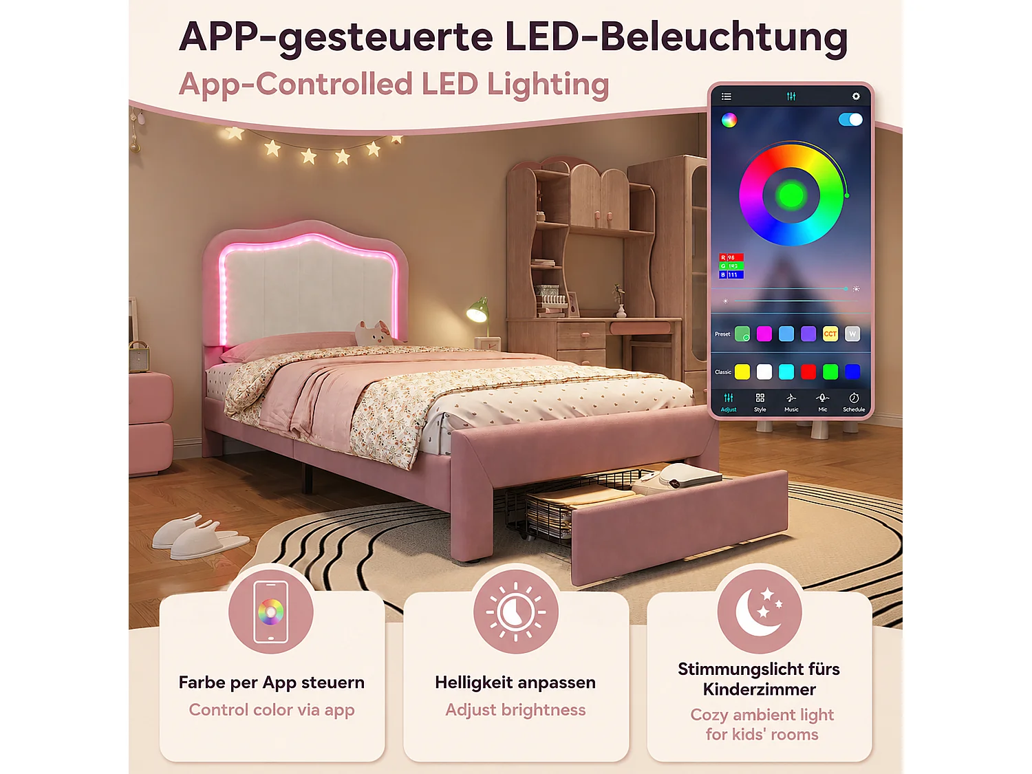 Letto per bambini 90 x 200 cm con 1 cassetto, testiera bianca e illuminazione a LED - Velluto - Rosa (materasso non incluso)