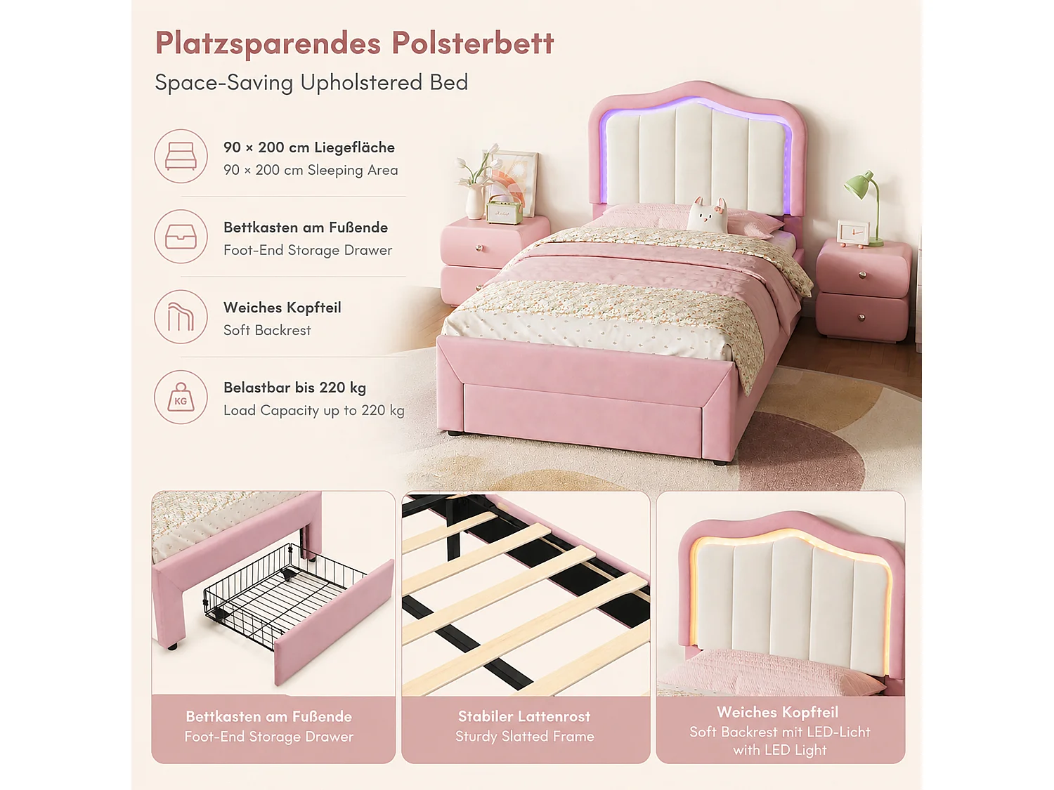 Letto per bambini 90 x 200 cm con 1 cassetto, testiera bianca e illuminazione a LED - Velluto - Rosa (materasso non incluso)