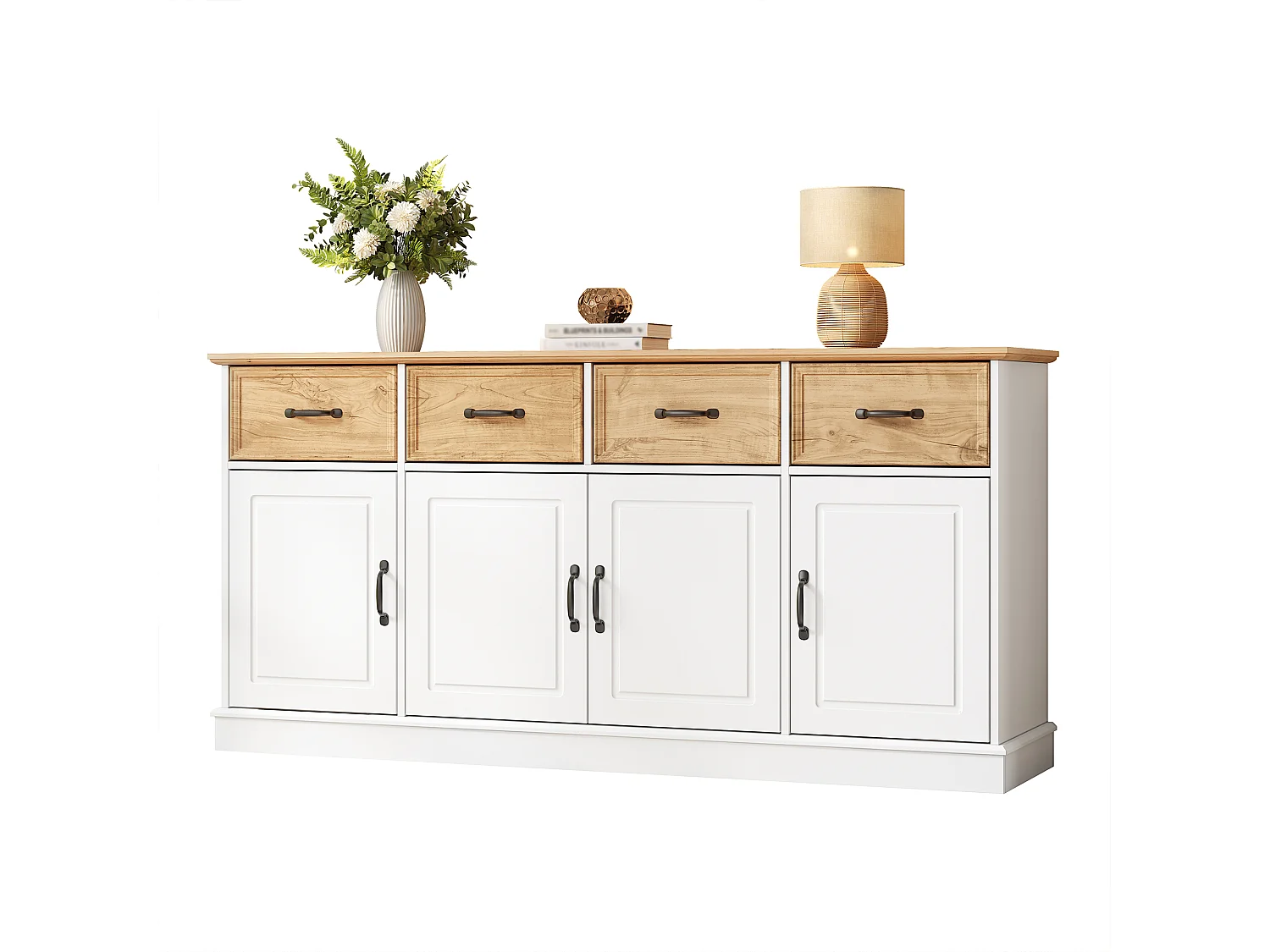 Buffet avec 4 tiroirs, 4 portes, étagères réglables et poignées en fer - MDF - 160 x 40 x 78 cm - Blanc et aspect bois