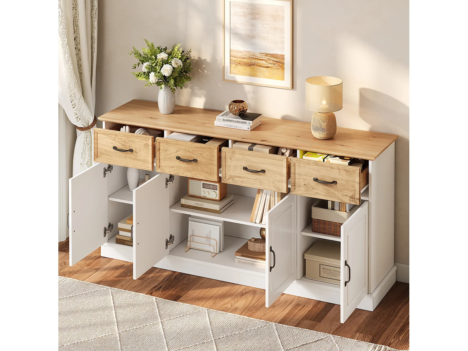 Buffet avec 4 tiroirs, 4 portes, étagères réglables et poignées en fer - MDF - 160 x 40 x 78 cm - Blanc et aspect bois