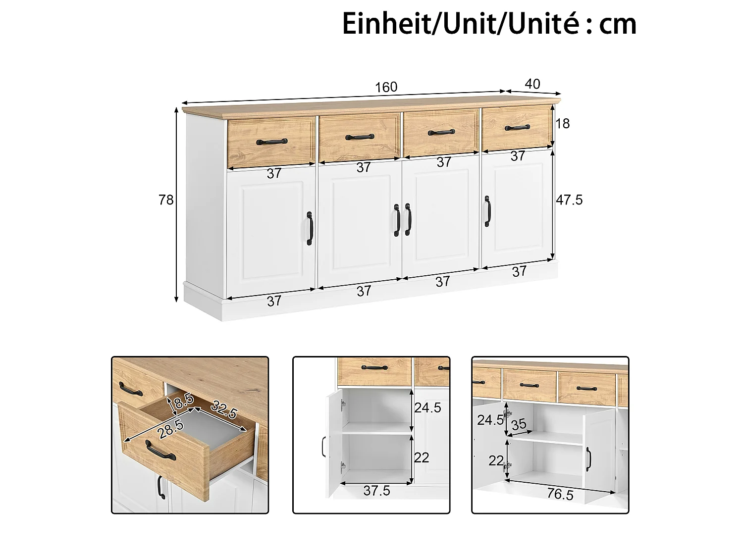 Buffet avec 4 tiroirs, 4 portes, étagères réglables et poignées en fer - MDF - 160 x 40 x 78 cm - Blanc et aspect bois