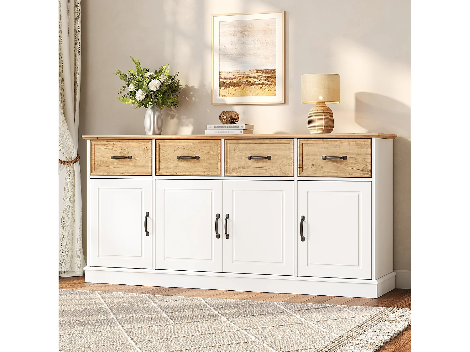 Buffet avec 4 tiroirs, 4 portes, étagères réglables et poignées en fer - MDF - 160 x 40 x 78 cm - Blanc et aspect bois