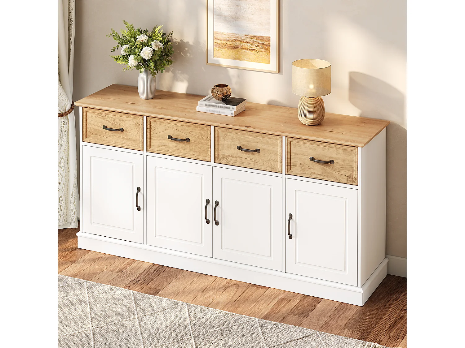 Buffet avec 4 tiroirs, 4 portes, étagères réglables et poignées en fer - MDF - 160 x 40 x 78 cm - Blanc et aspect bois