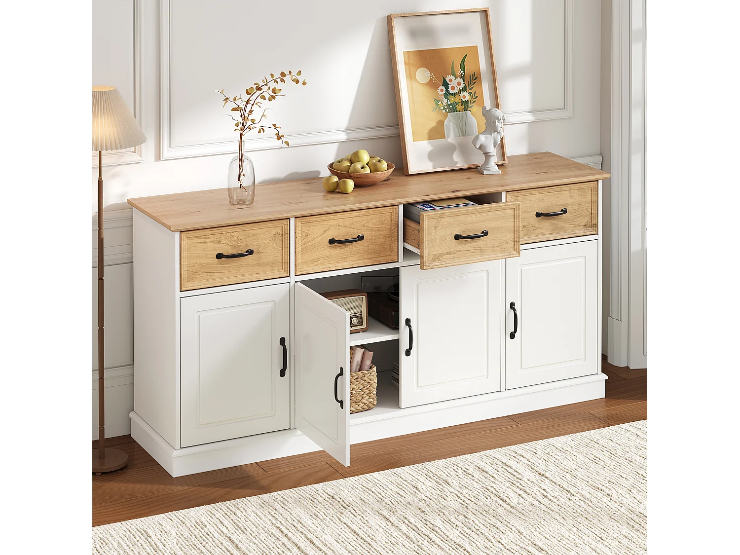 Buffet avec 4 tiroirs, 4 portes, étagères réglables et poignées en fer - MDF - 160 x 40 x 78 cm - Blanc et aspect bois