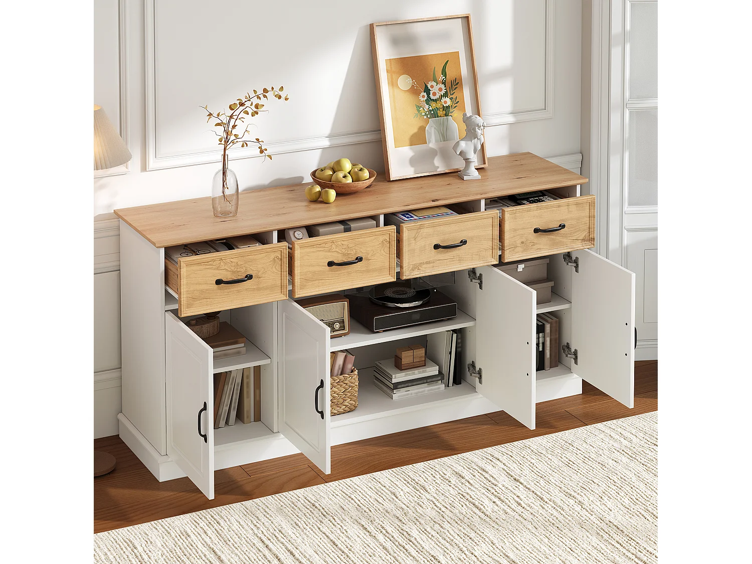 Buffet avec 4 tiroirs, 4 portes, étagères réglables et poignées en fer - MDF - 160 x 40 x 78 cm - Blanc et aspect bois