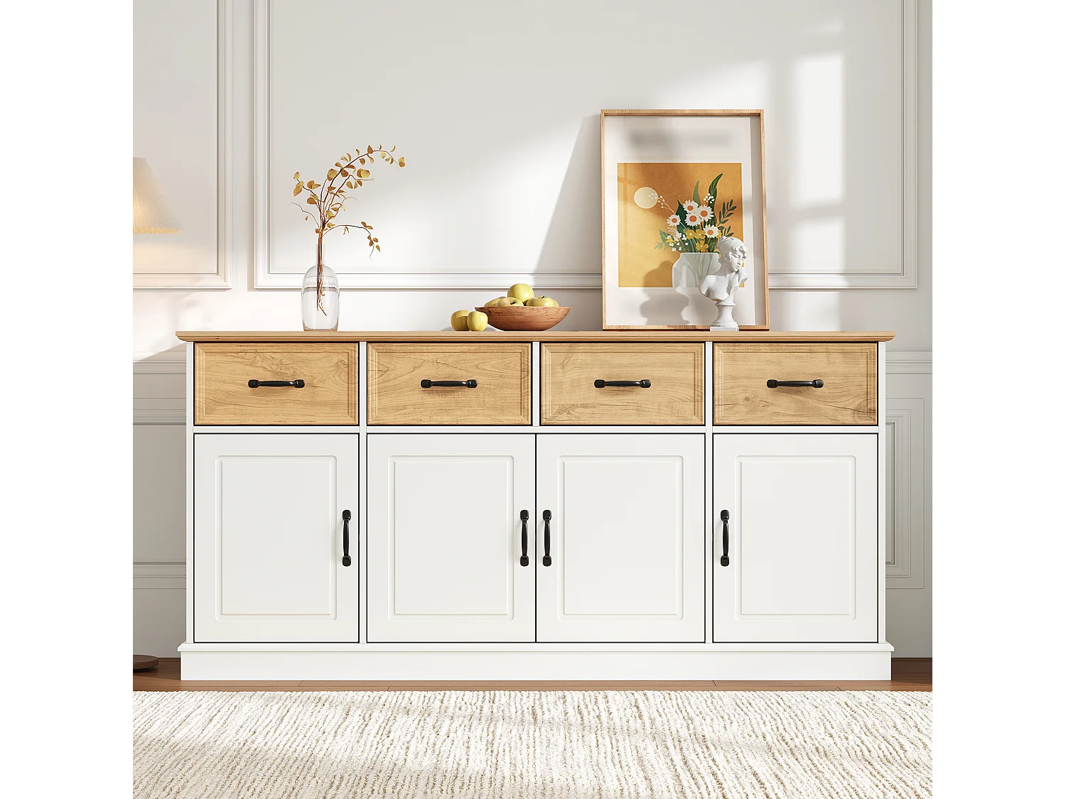 Buffet avec 4 tiroirs, 4 portes, étagères réglables et poignées en fer - MDF - 160 x 40 x 78 cm - Blanc et aspect bois