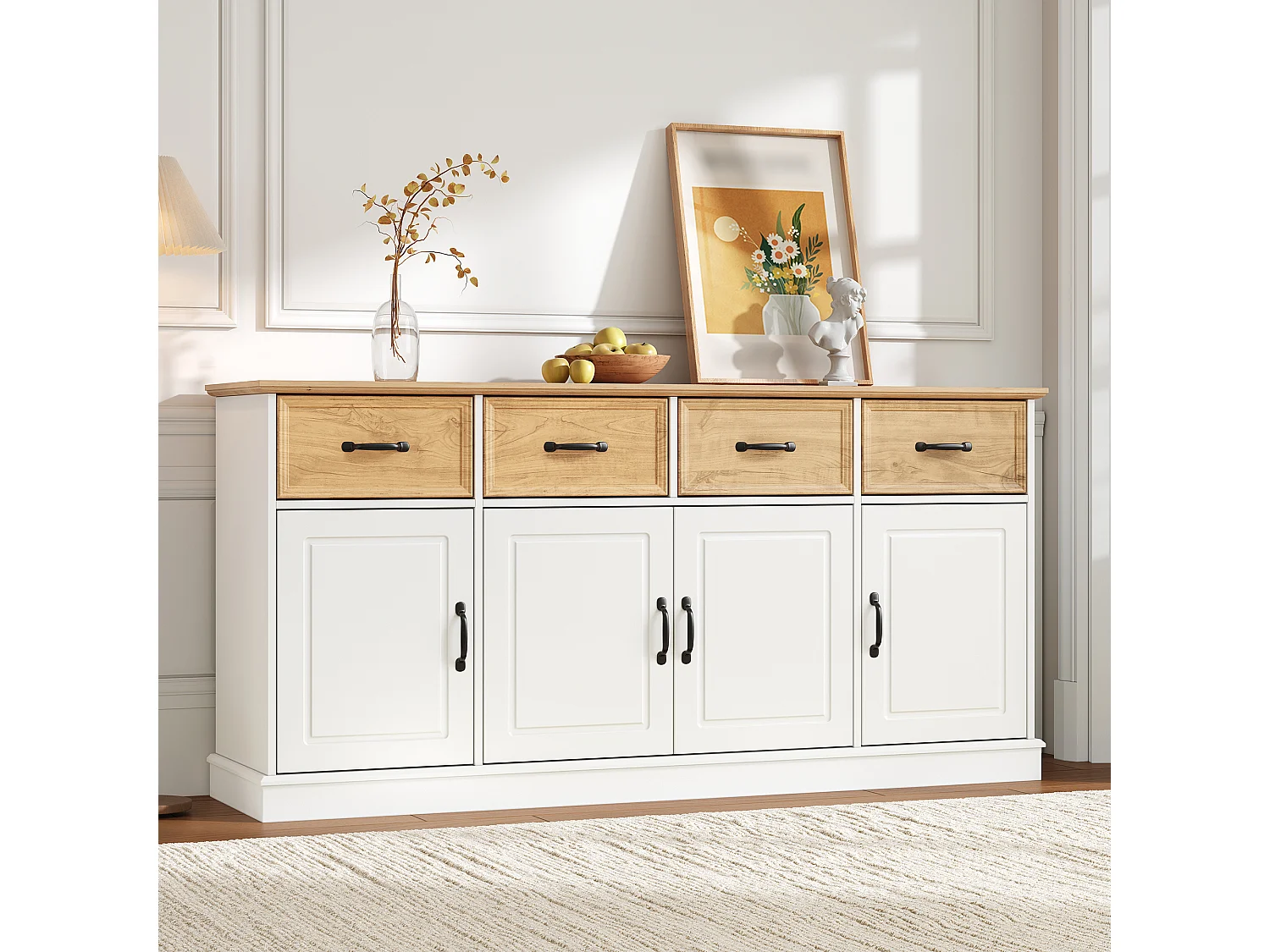 Buffet avec 4 tiroirs, 4 portes, étagères réglables et poignées en fer - MDF - 160 x 40 x 78 cm - Blanc et aspect bois