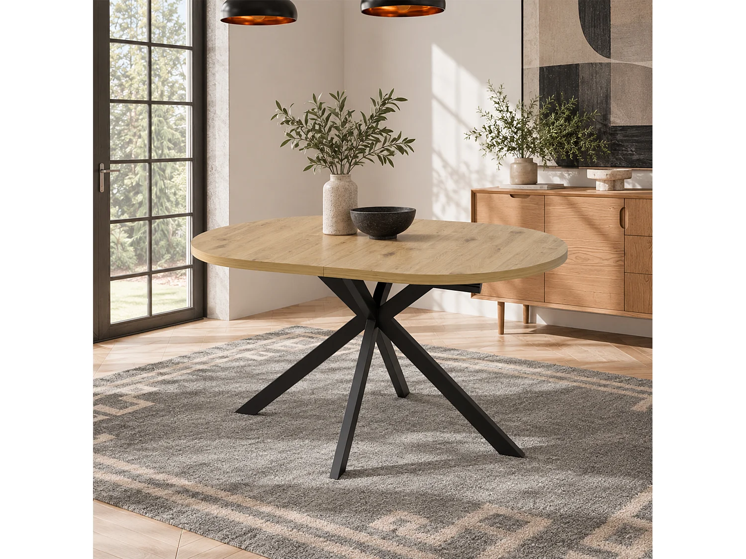 Table à manger ovale extensible 120/160 x 80 cm avec rallonge intégrée et pieds en métal - MDF - Aspect bois
