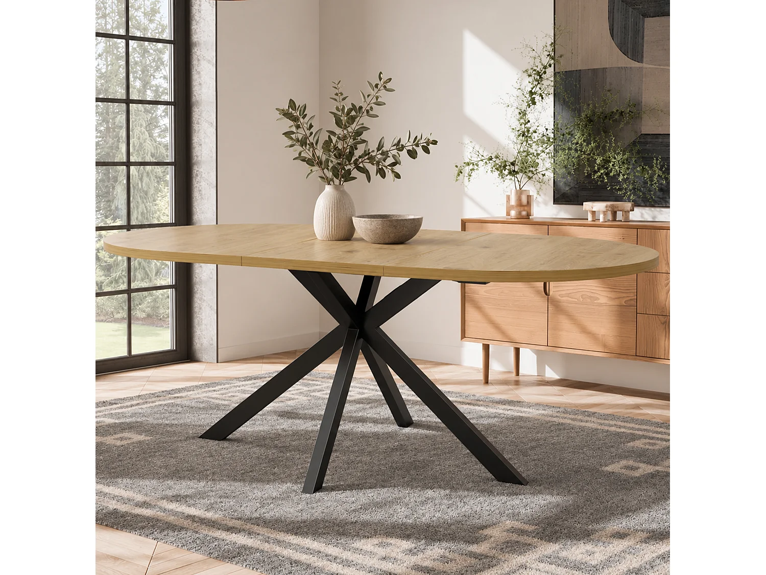 Table à manger ovale extensible 120/160 x 80 cm avec rallonge intégrée et pieds en métal - MDF - Aspect bois