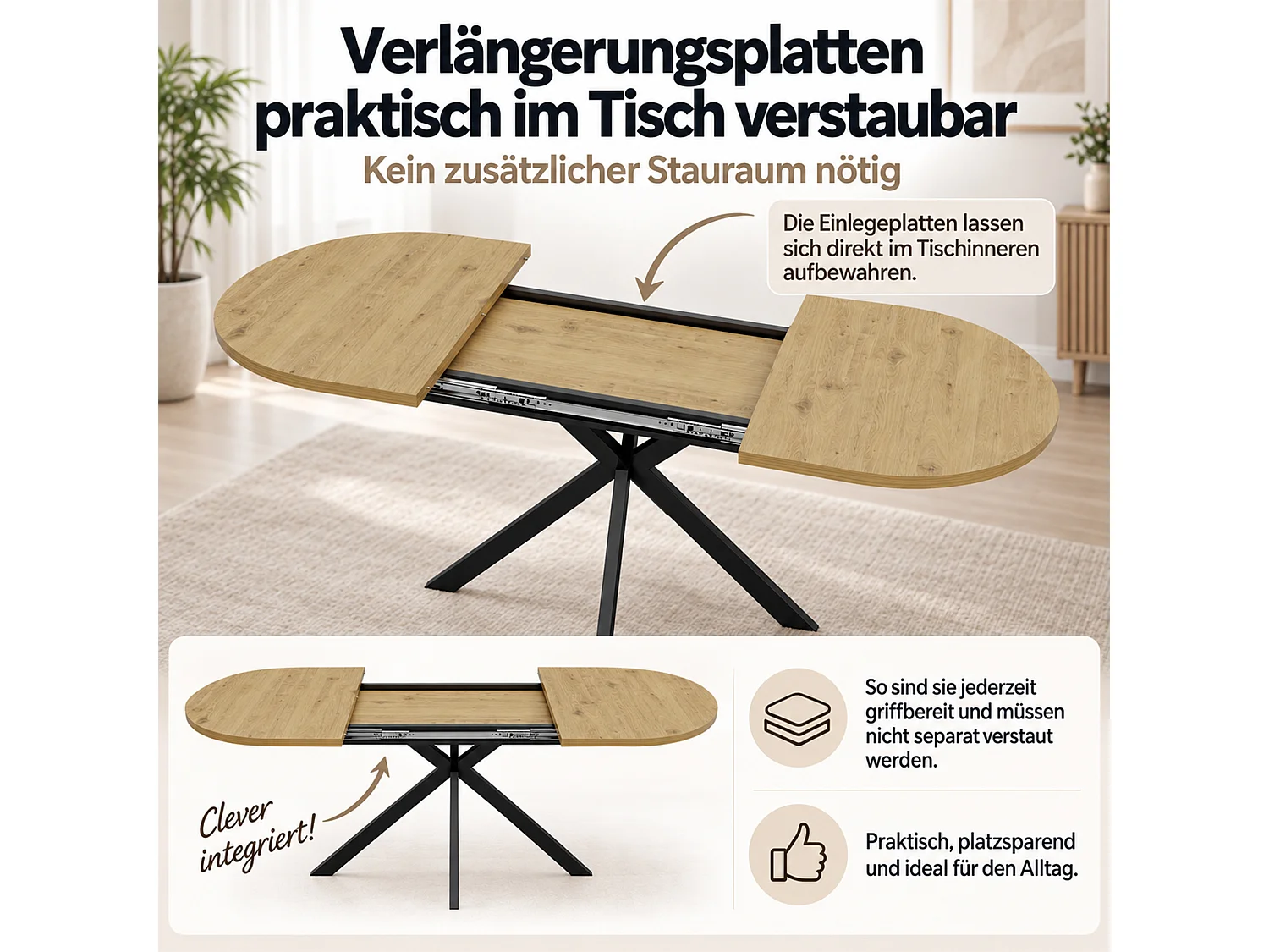Table à manger ovale extensible 120/160 x 80 cm avec rallonge intégrée et pieds en métal - MDF - Aspect bois