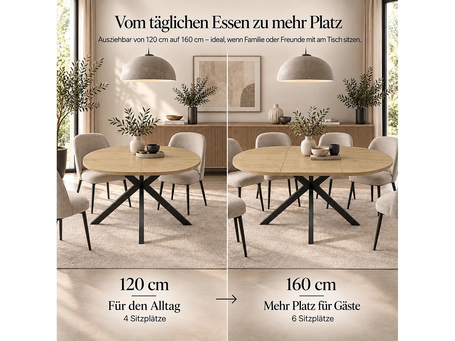 Table à manger ovale extensible 120/160 x 80 cm avec rallonge intégrée et pieds en métal - MDF - Aspect bois