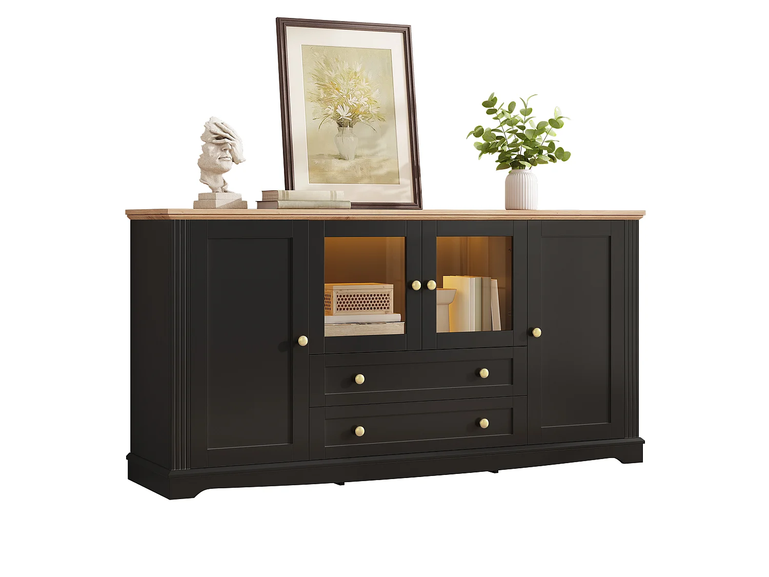 Buffet avec 4 portes dont 2 vitrées, 2 tiroirs, LED et poignées dorées - MDF - 160 x 40 x 80,5 cm - Noir