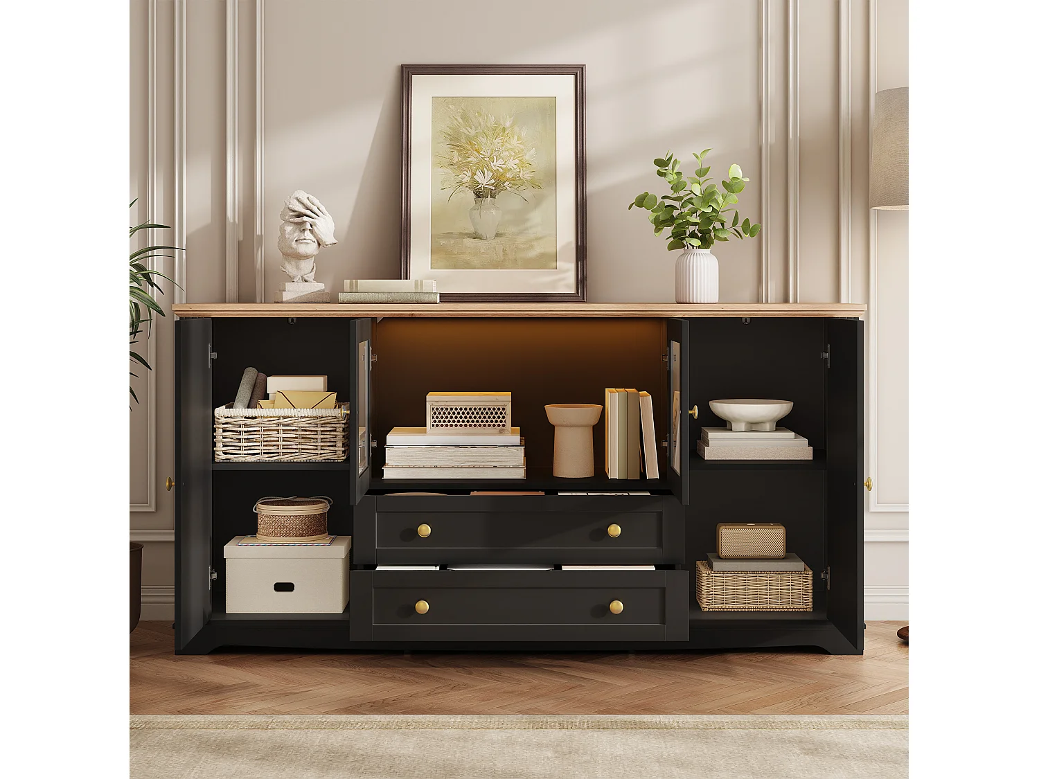 Buffet avec 4 portes dont 2 vitrées, 2 tiroirs, LED et poignées dorées - MDF - 160 x 40 x 80,5 cm - Noir