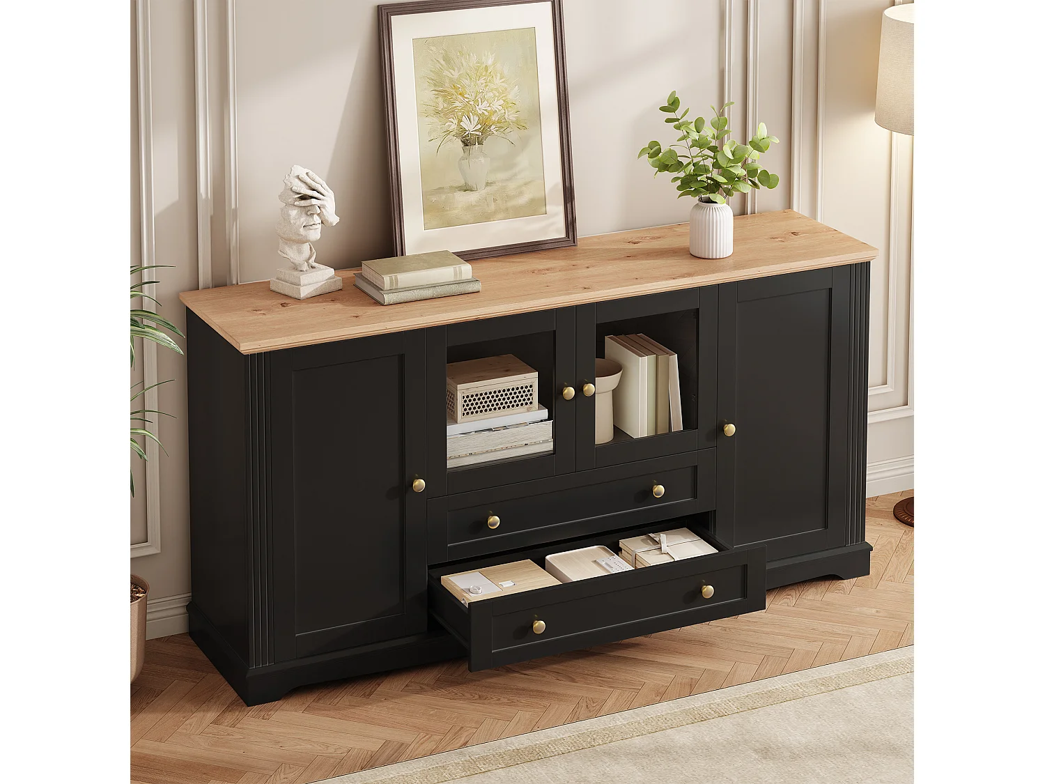 Buffet avec 4 portes dont 2 vitrées, 2 tiroirs, LED et poignées dorées - MDF - 160 x 40 x 80,5 cm - Noir