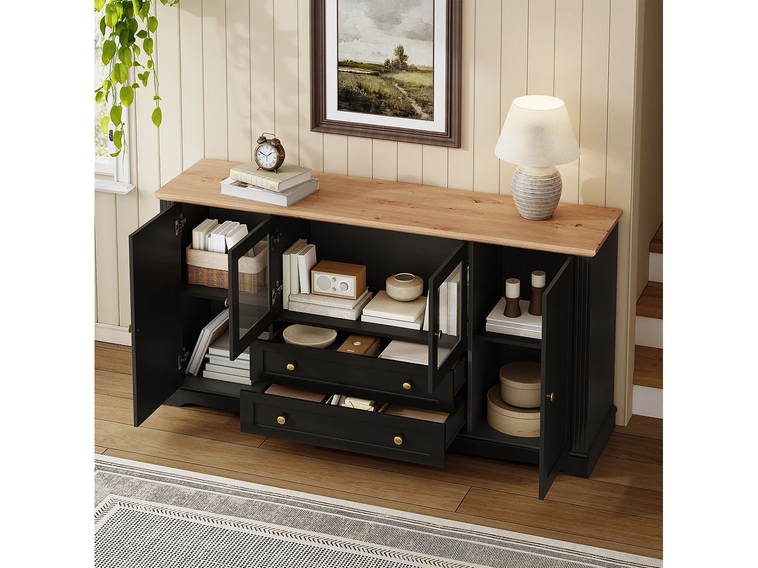 Buffet avec 4 portes dont 2 vitrées, 2 tiroirs, LED et poignées dorées - MDF - 160 x 40 x 80,5 cm - Noir