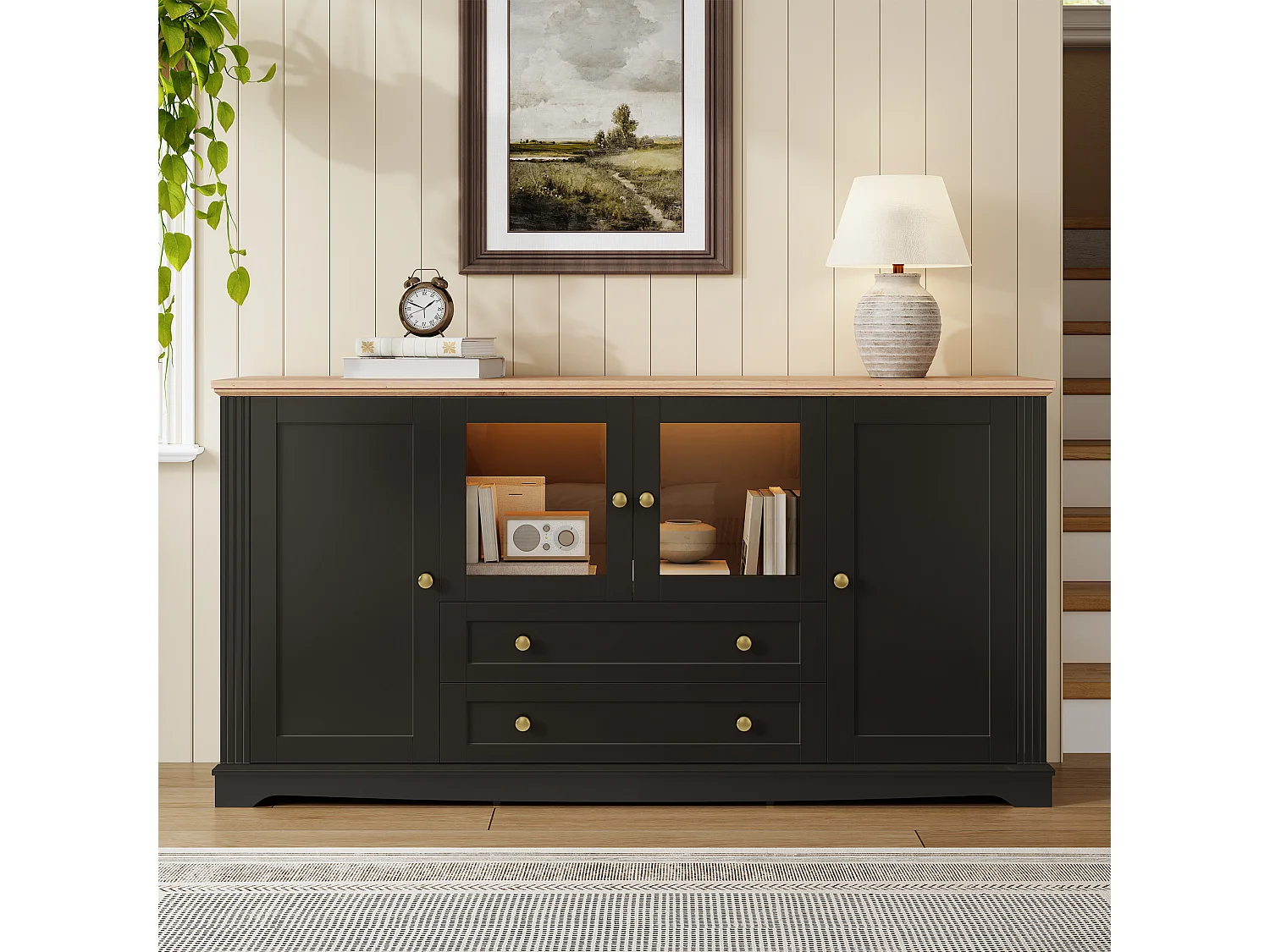 Buffet avec 4 portes dont 2 vitrées, 2 tiroirs, LED et poignées dorées - MDF - 160 x 40 x 80,5 cm - Noir
