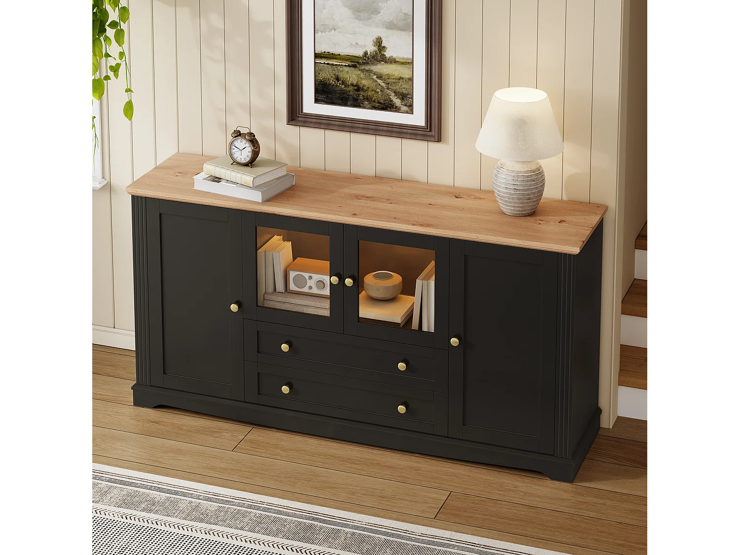Buffet avec 4 portes dont 2 vitrées, 2 tiroirs, LED et poignées dorées - MDF - 160 x 40 x 80,5 cm - Noir