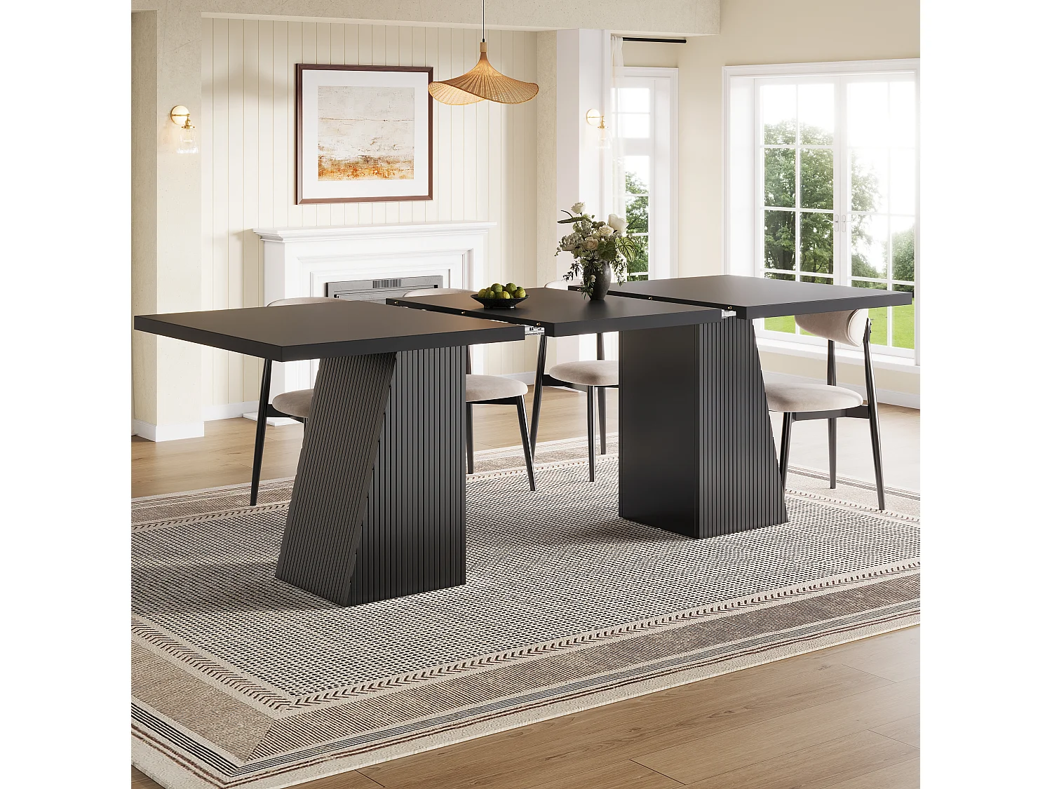 Table à manger extensible 120/160 x 80 x 76 cm avec pieds trapézoïdaux rainurés - MDF et métal - Noir