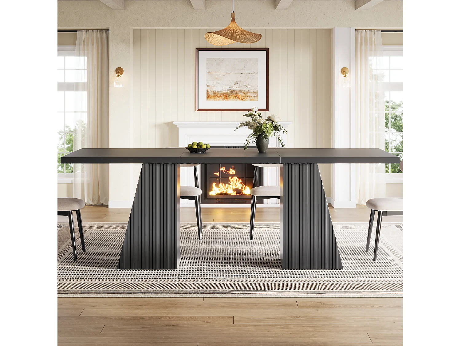 Table à manger extensible 120/160 x 80 x 76 cm avec pieds trapézoïdaux rainurés - MDF et métal - Noir