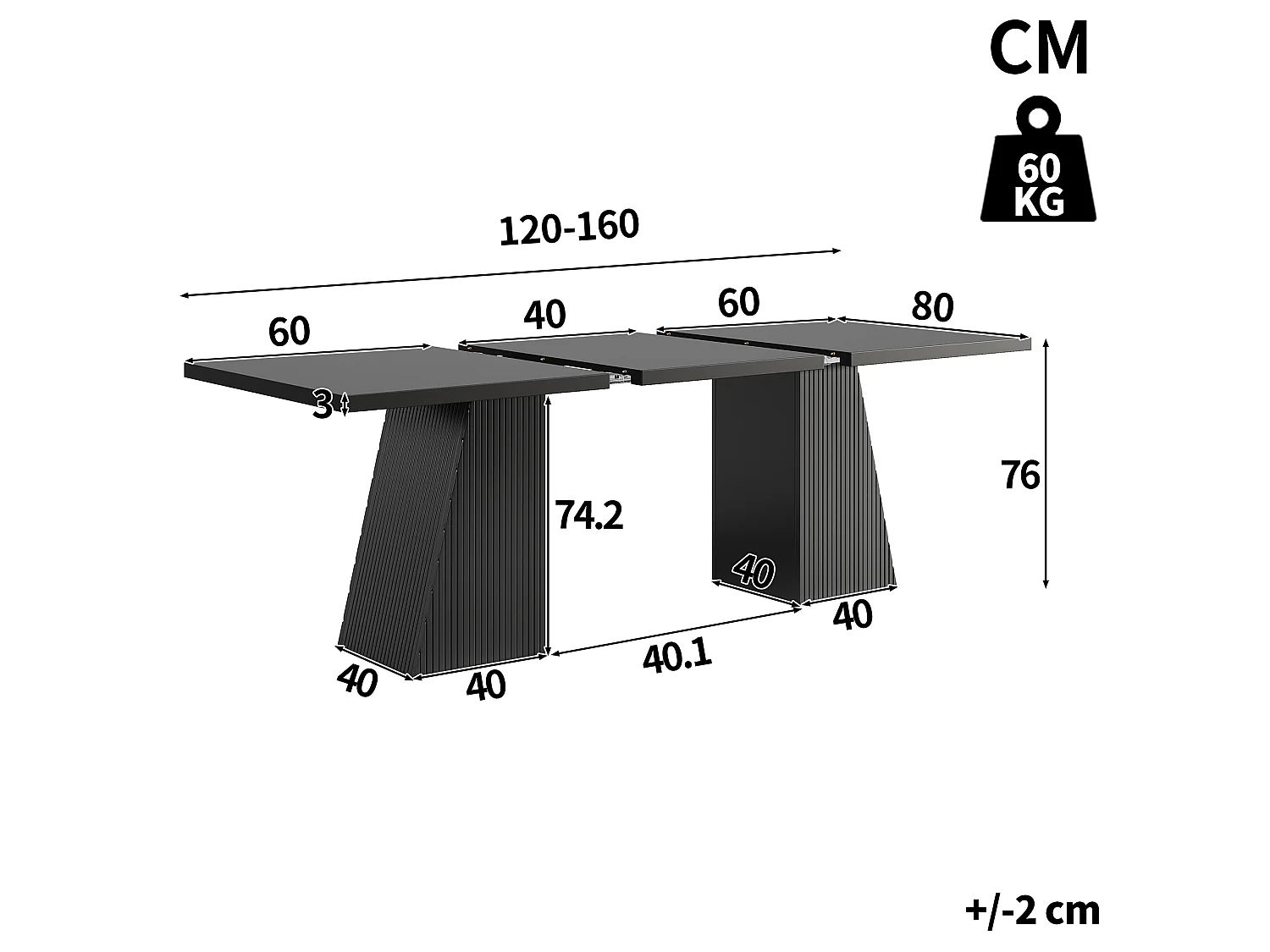 Table à manger extensible 120/160 x 80 x 76 cm avec pieds trapézoïdaux rainurés - MDF et métal - Noir