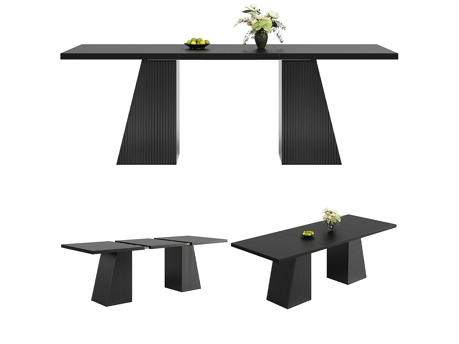 Table à manger extensible 120/160 x 80 x 76 cm avec pieds trapézoïdaux rainurés - MDF et métal - Noir