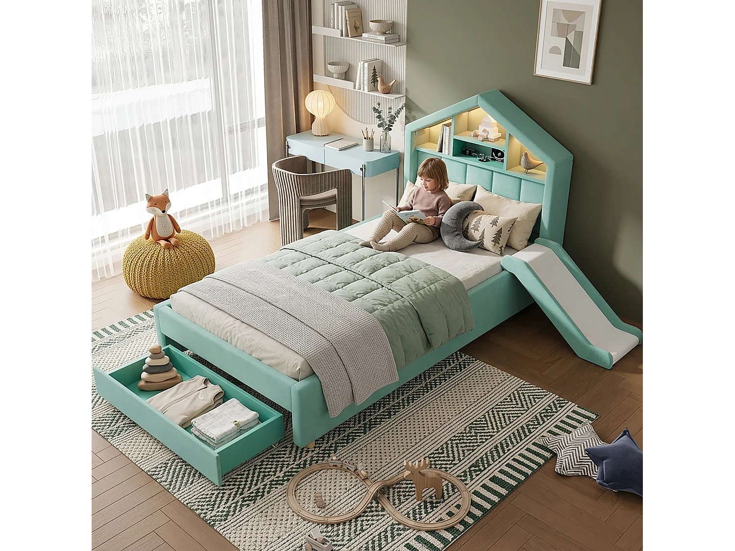 Lit capitonné enfant 90 x 200 cm avec toboggan réversible, 1 tiroir et LED - Velours - Bleu-vert (sans matelas)