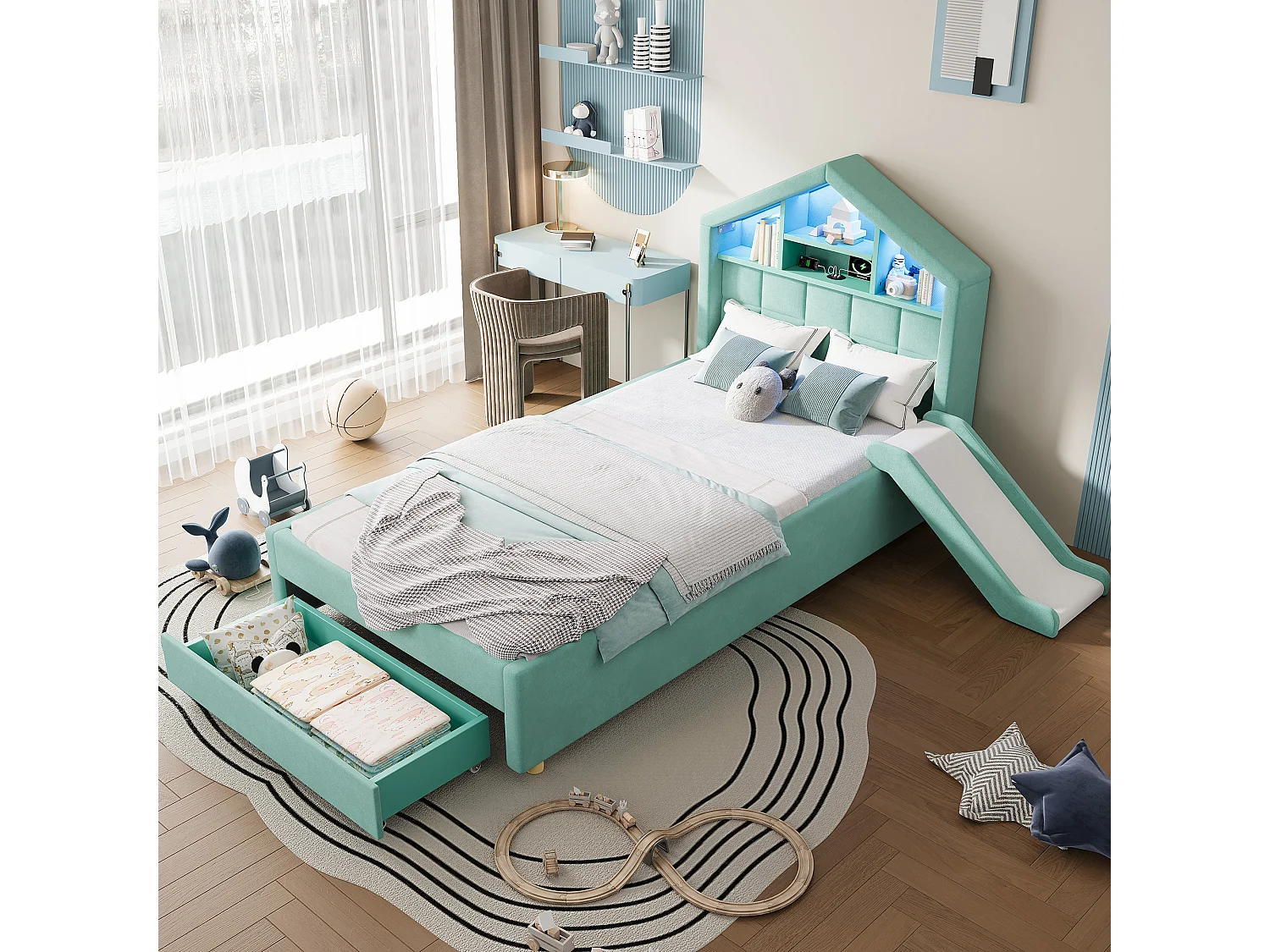 Lit capitonné enfant 90 x 200 cm avec toboggan réversible, 1 tiroir et LED - Velours - Bleu-vert (sans matelas)