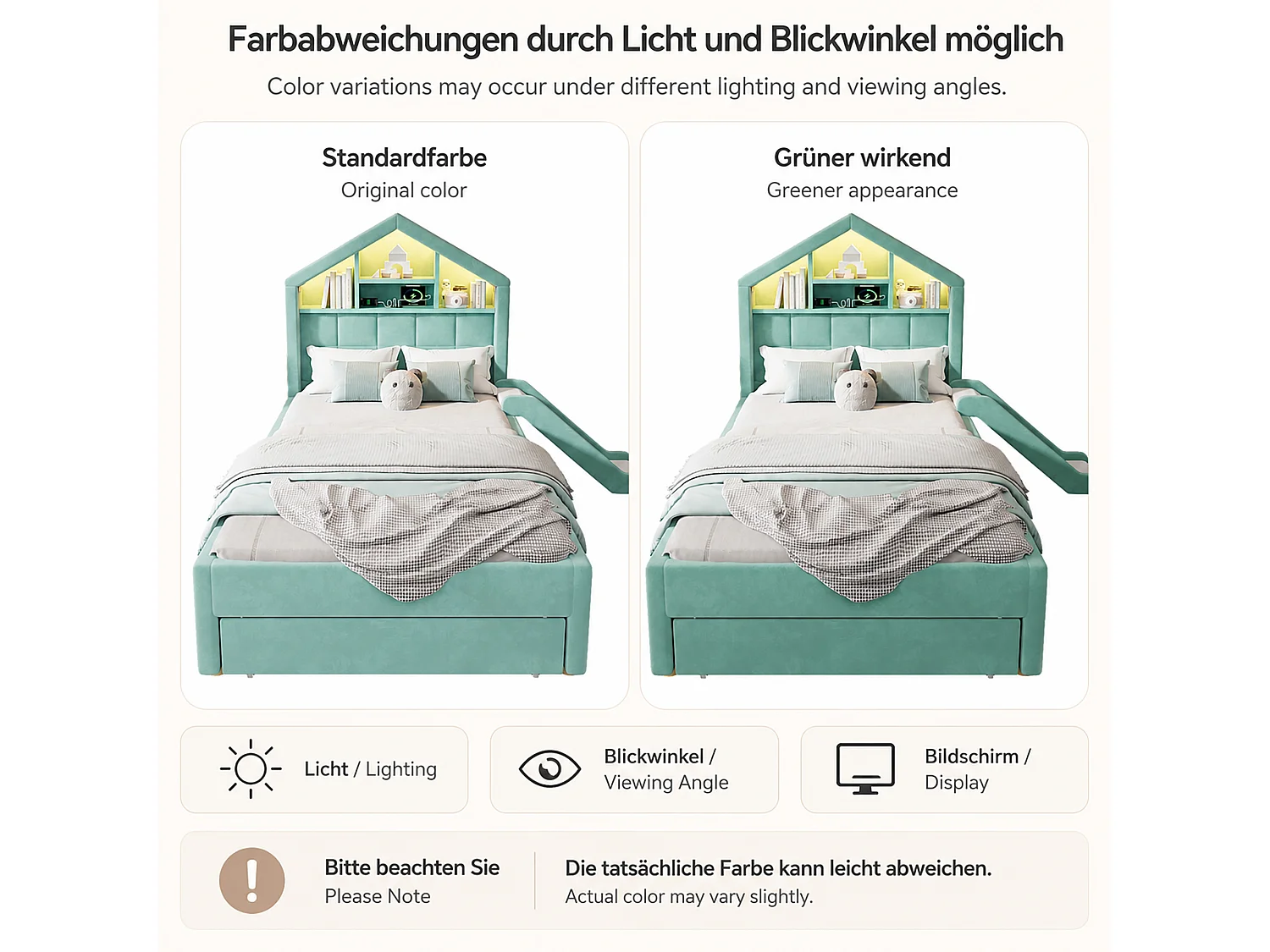 Lit capitonné enfant 90 x 200 cm avec toboggan réversible, 1 tiroir et LED - Velours - Bleu-vert (sans matelas)