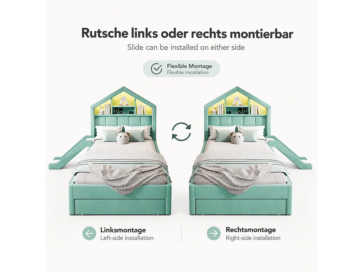 Lit capitonné enfant 90 x 200 cm avec toboggan réversible, 1 tiroir et LED - Velours - Bleu-vert (sans matelas)