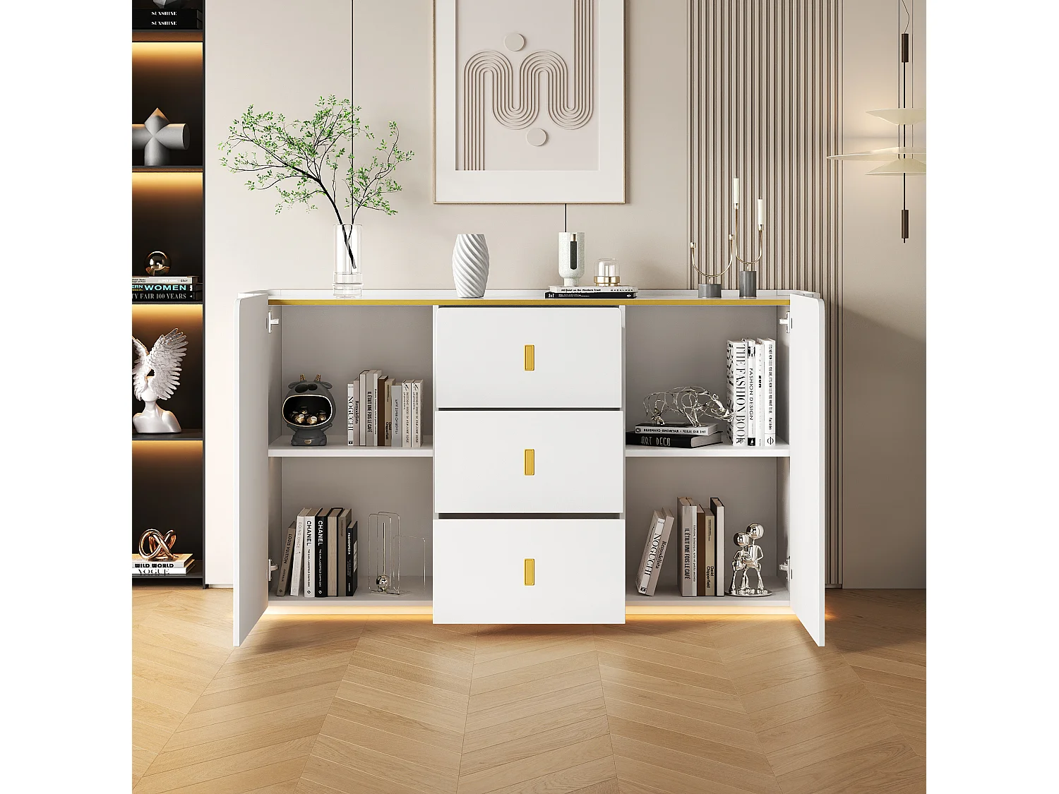 Buffet avec LED, 2 portes rainurées, 3 tiroirs et poignées dorées - Panneaux de particules - 150 x 35 x 80 cm - Blanc