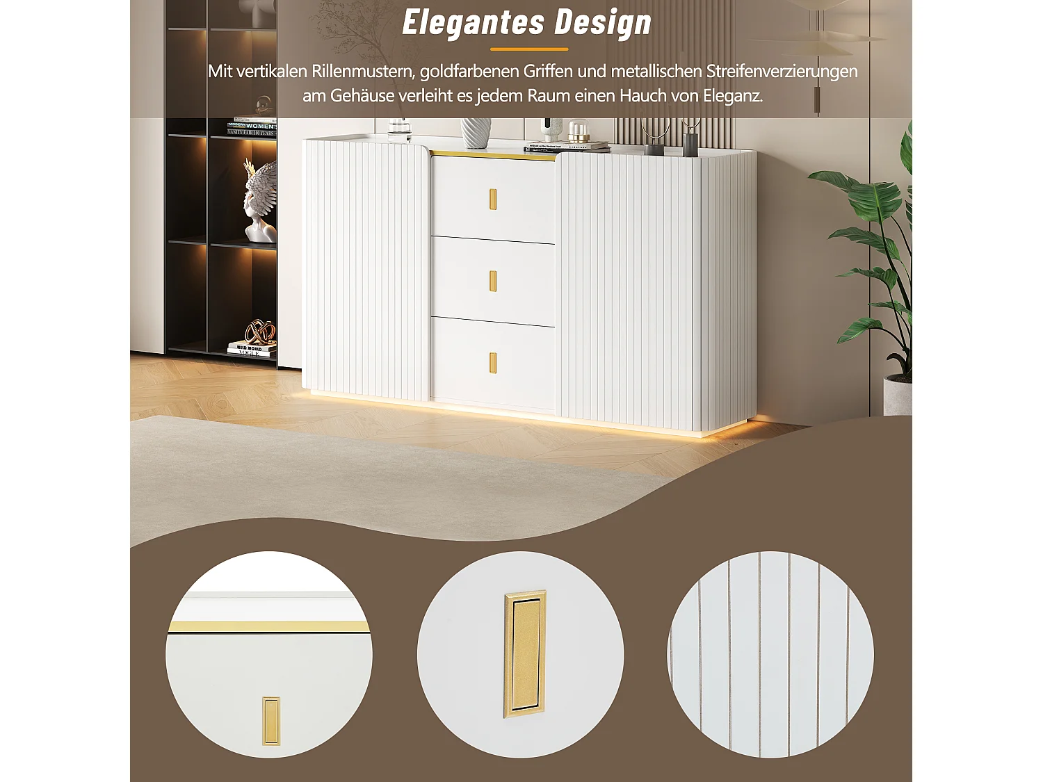 Buffet avec LED, 2 portes rainurées, 3 tiroirs et poignées dorées - Panneaux de particules - 150 x 35 x 80 cm - Blanc