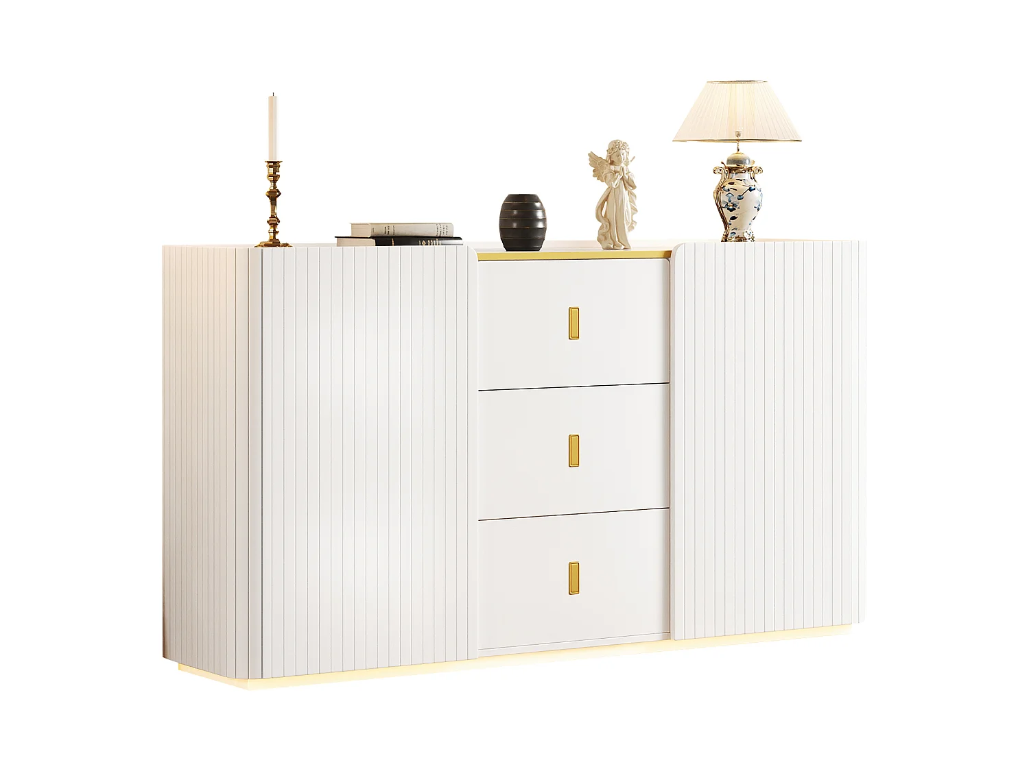 Buffet avec LED, 2 portes rainurées, 3 tiroirs et poignées dorées - Panneaux de particules - 150 x 35 x 80 cm - Blanc