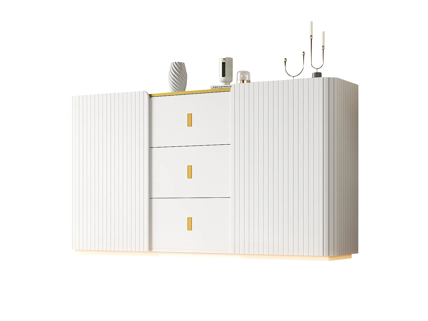 Buffet avec LED, 2 portes rainurées, 3 tiroirs et poignées dorées - Panneaux de particules - 150 x 35 x 80 cm - Blanc